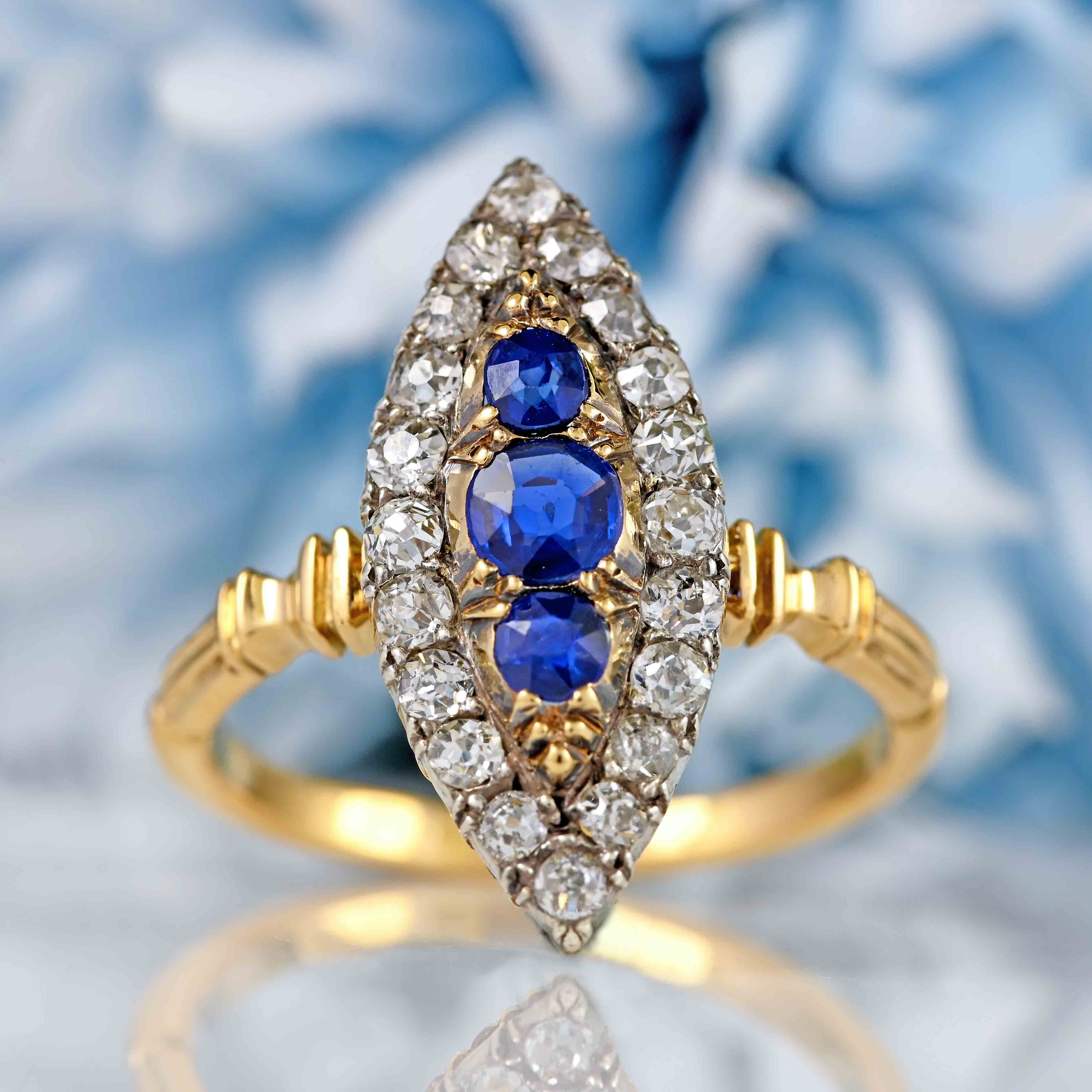 Ellibelle Jewellery Victorian 18ct Gold Sapphire & Diamond Marquise Ring