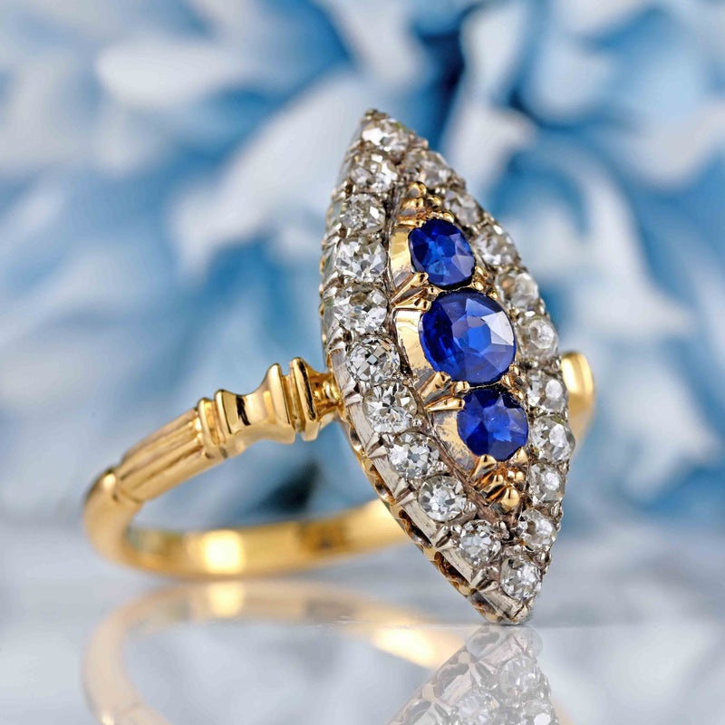 Ellibelle Jewellery Victorian 18ct Gold Sapphire & Diamond Marquise Ring