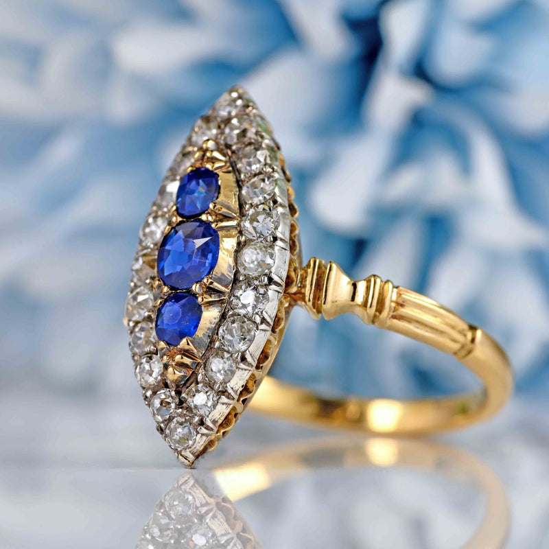 Ellibelle Jewellery Victorian 18ct Gold Sapphire & Diamond Marquise Ring