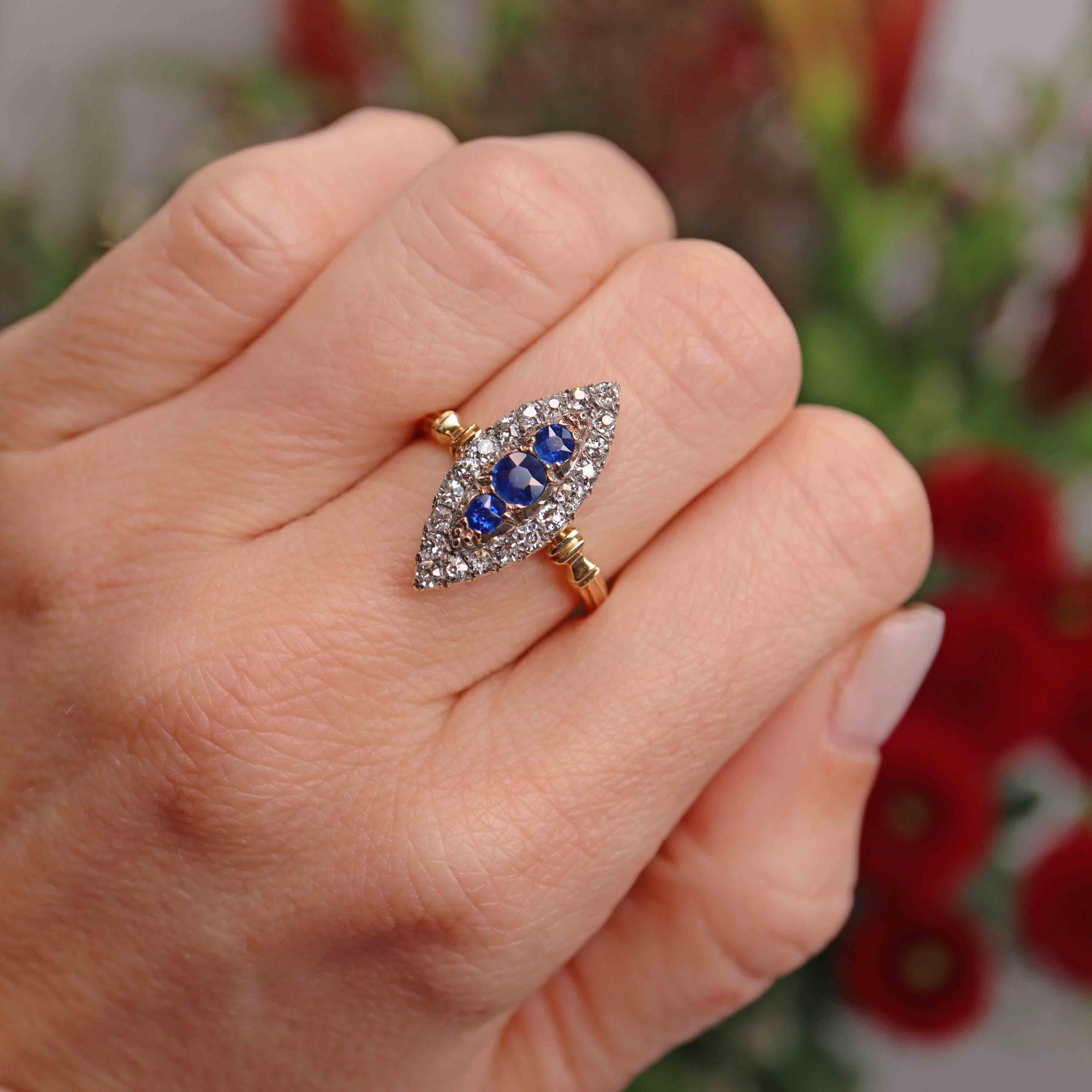 Ellibelle Jewellery Victorian 18ct Gold Sapphire & Diamond Marquise Ring