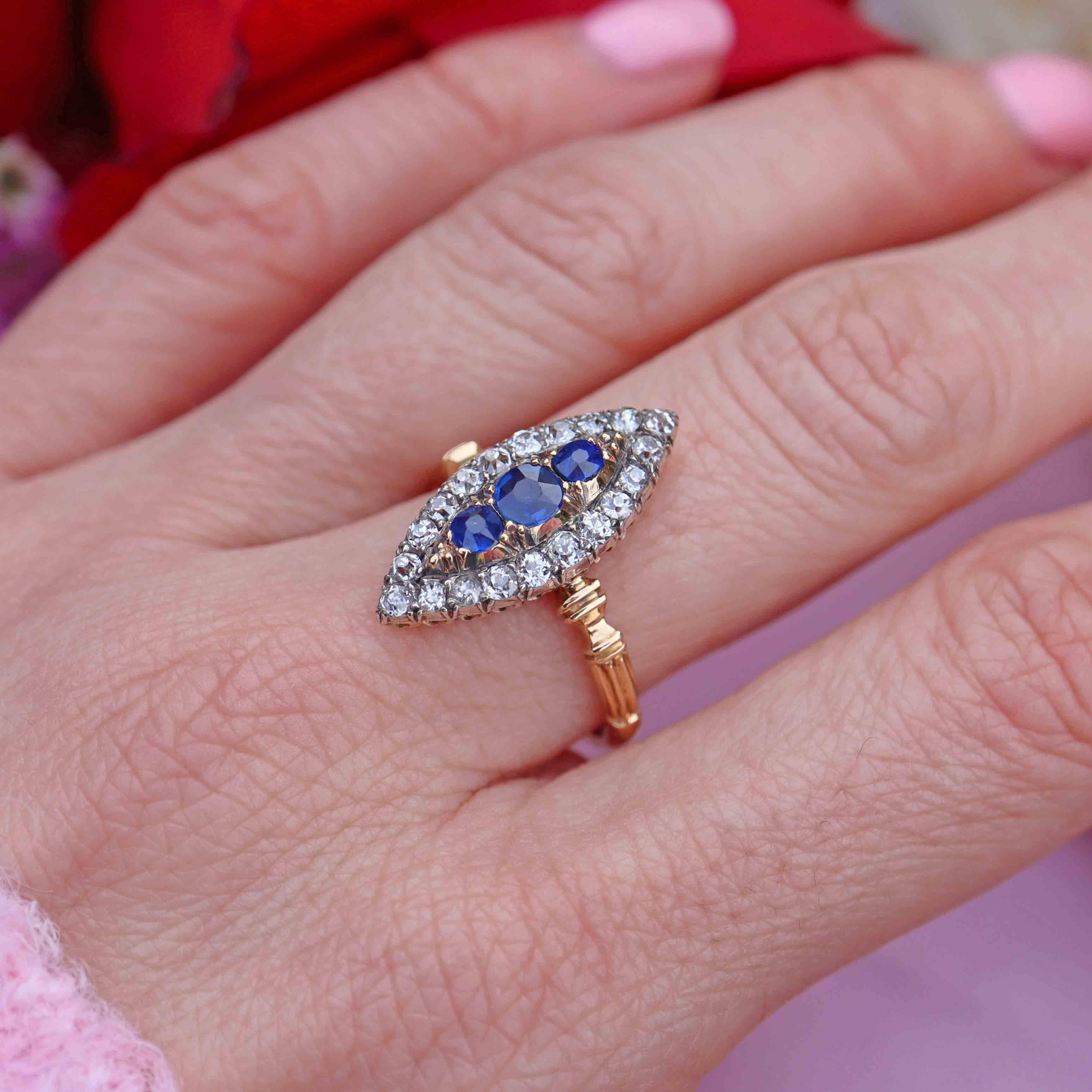 Ellibelle Jewellery Victorian 18ct Gold Sapphire & Diamond Marquise Ring