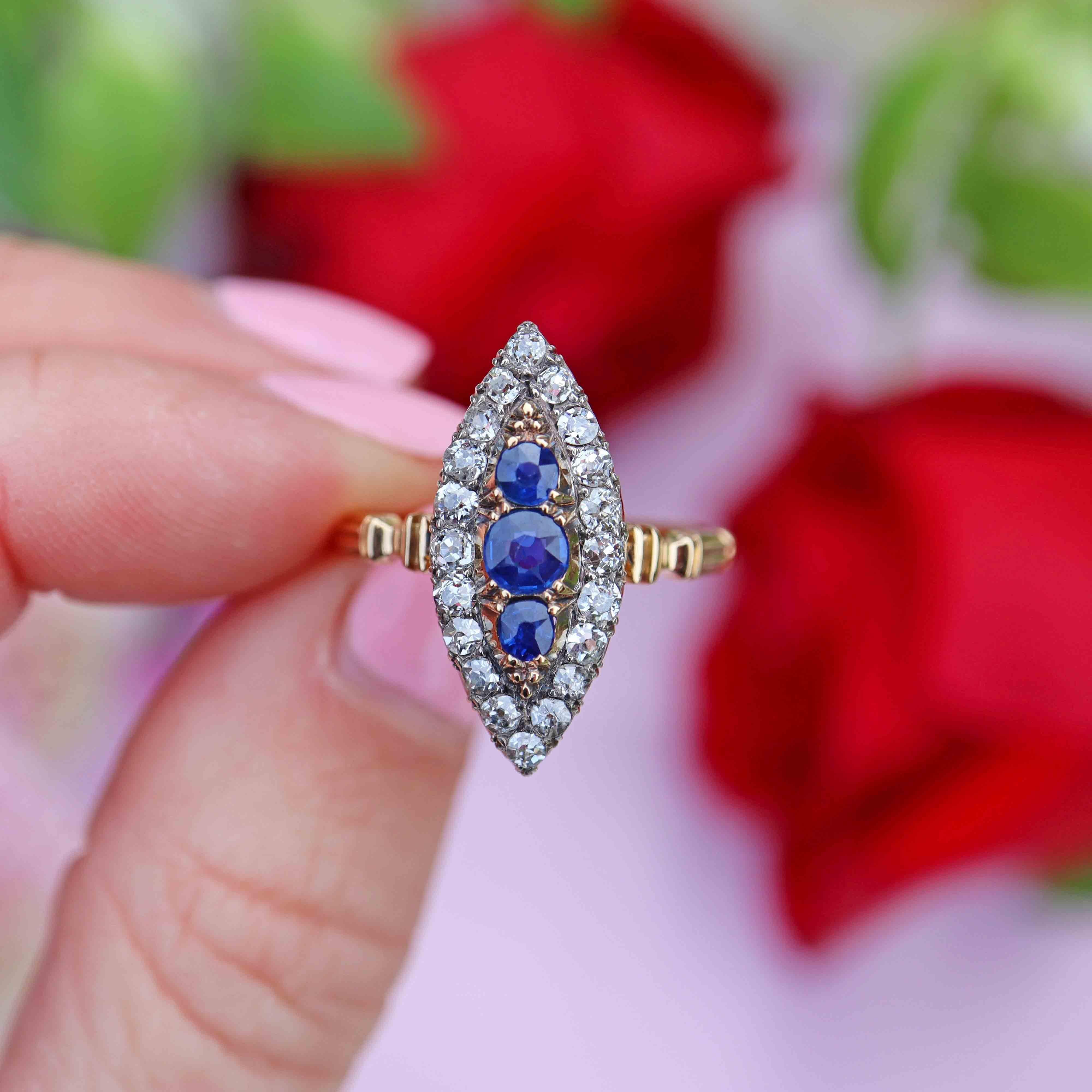 Ellibelle Jewellery Victorian 18ct Gold Sapphire & Diamond Marquise Ring