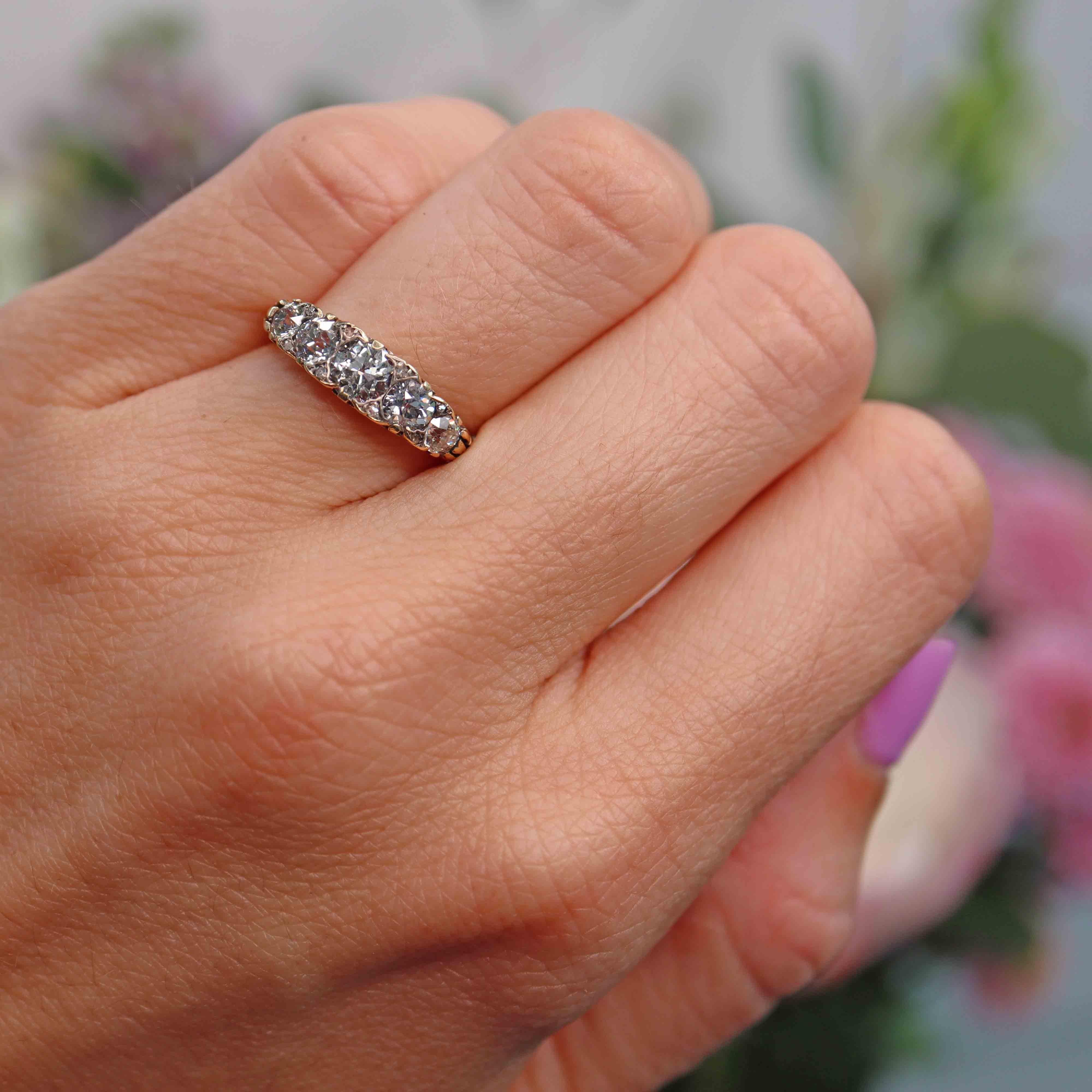 Ellibelle Jewellery Victorian Diamond 18ct Gold Five-Stone Carved Half Hoop Engagement Ring (1.40cts)