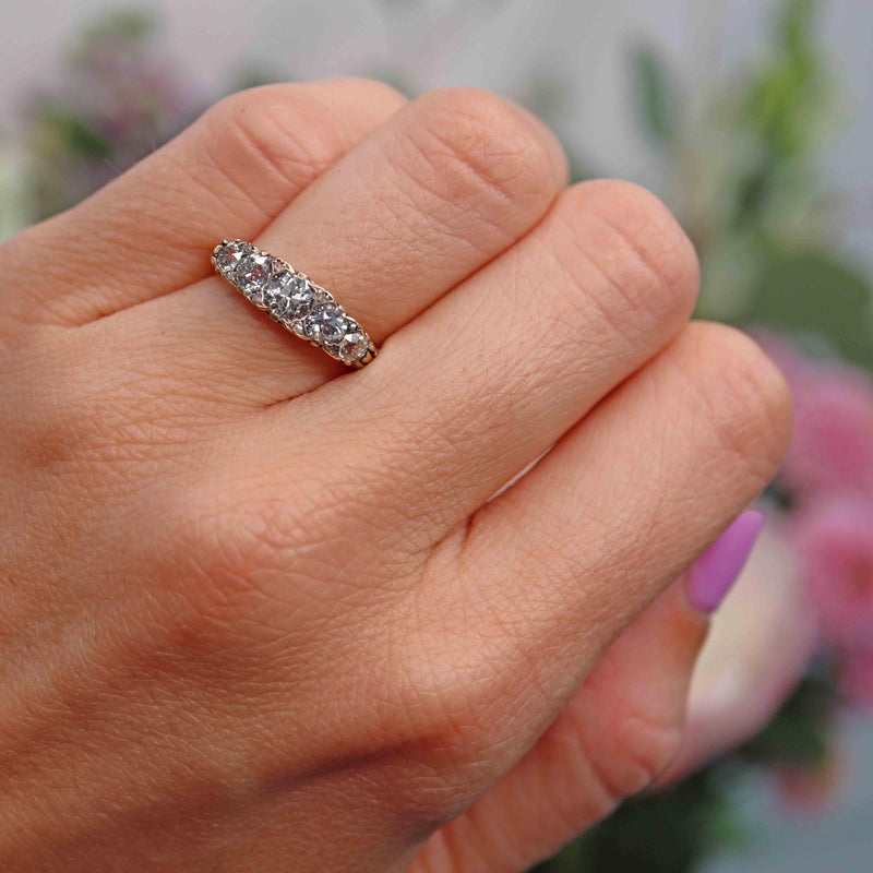 Ellibelle Jewellery Victorian Diamond 18ct Gold Five-Stone Carved Half Hoop Engagement Ring (1.40cts)