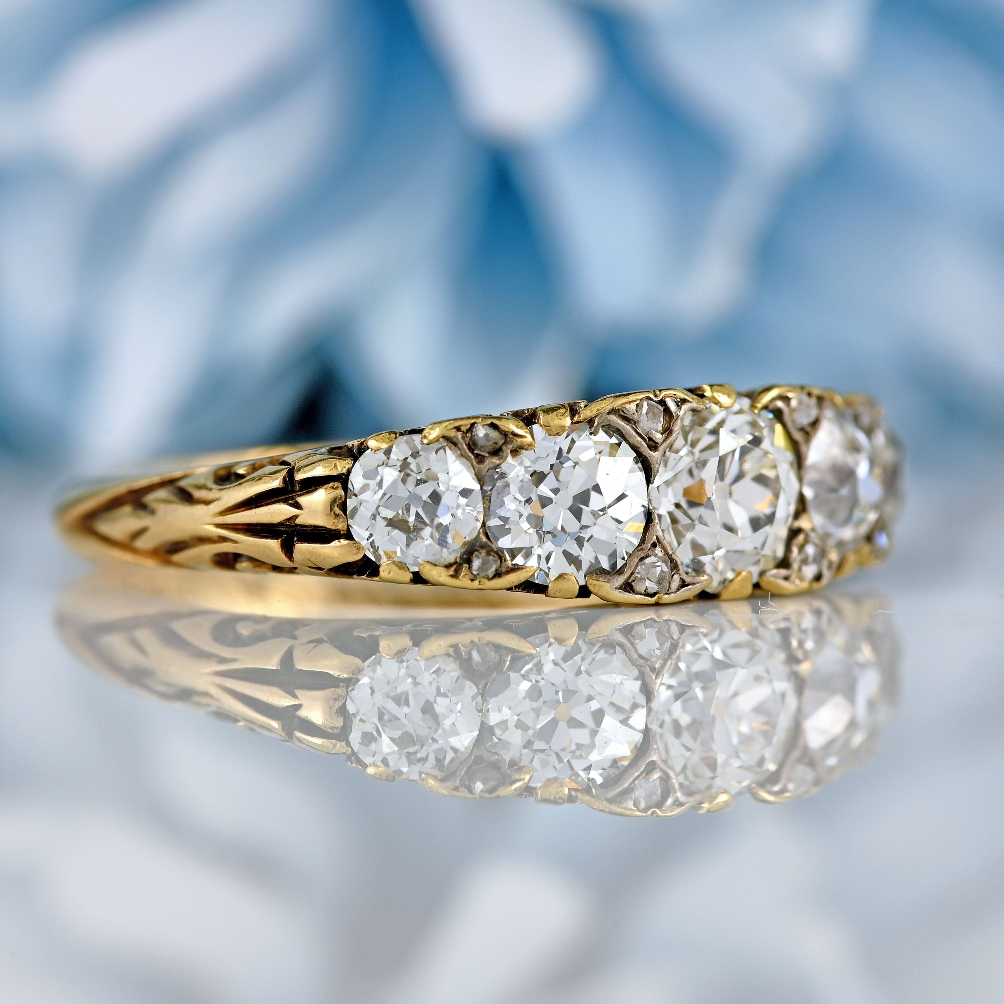 Ellibelle Jewellery Victorian Diamond 18ct Gold Five-Stone Carved Half Hoop Engagement Ring (1.40cts)