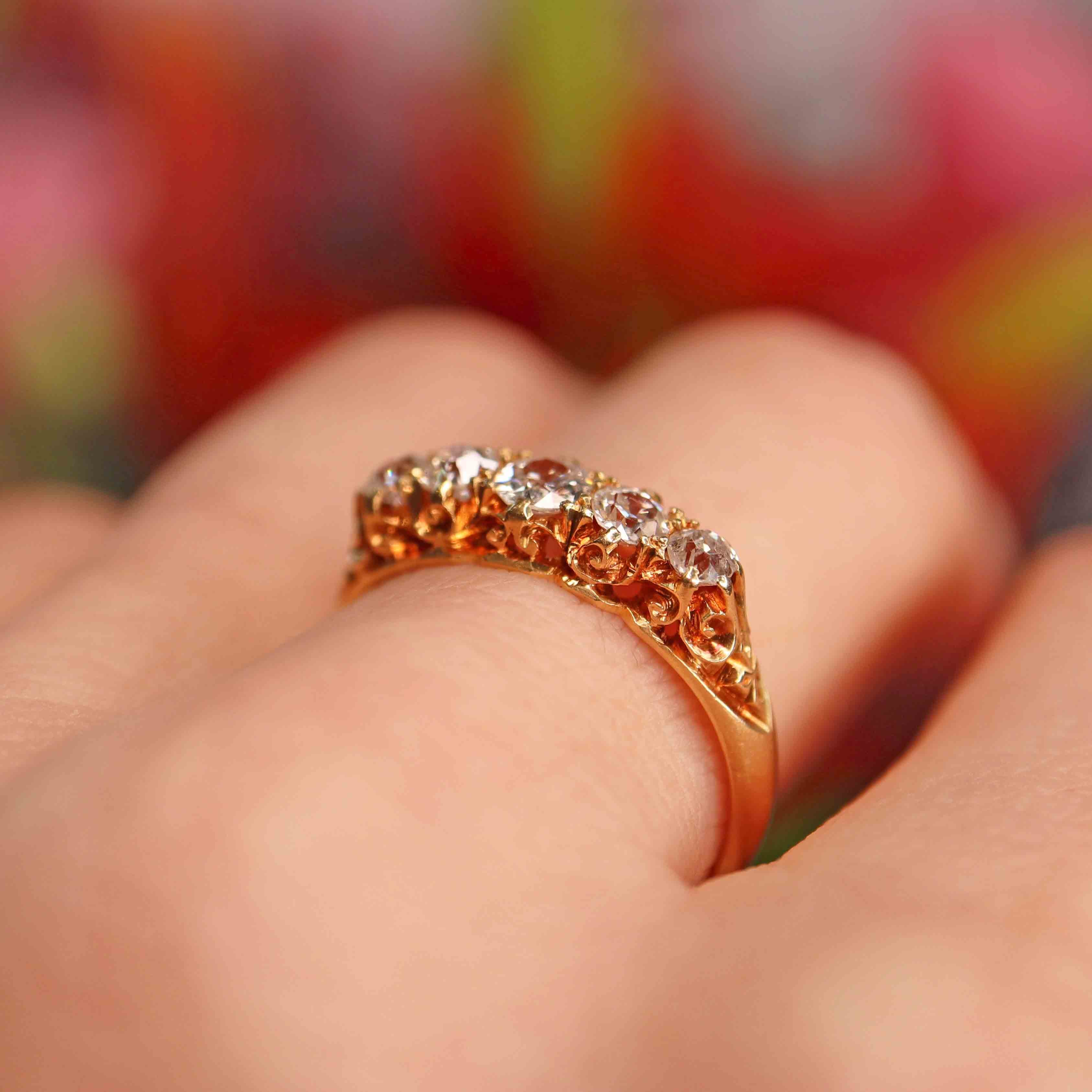 Ellibelle Jewellery Victorian Old Mine Cut Diamond 18ct Gold Five Stone Ring (0.60cts)