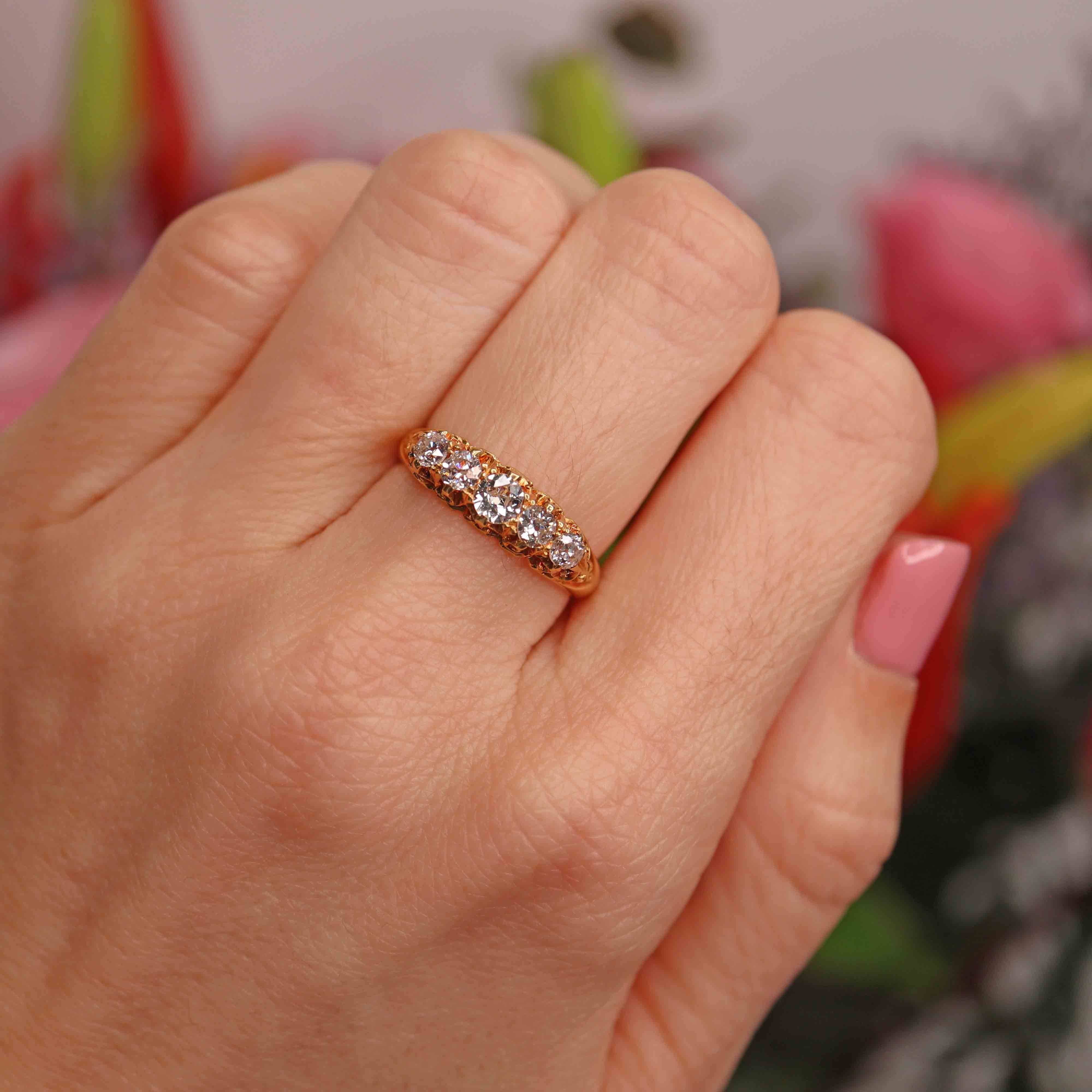 Ellibelle Jewellery Victorian Old Mine Cut Diamond 18ct Gold Five Stone Ring (0.60cts)