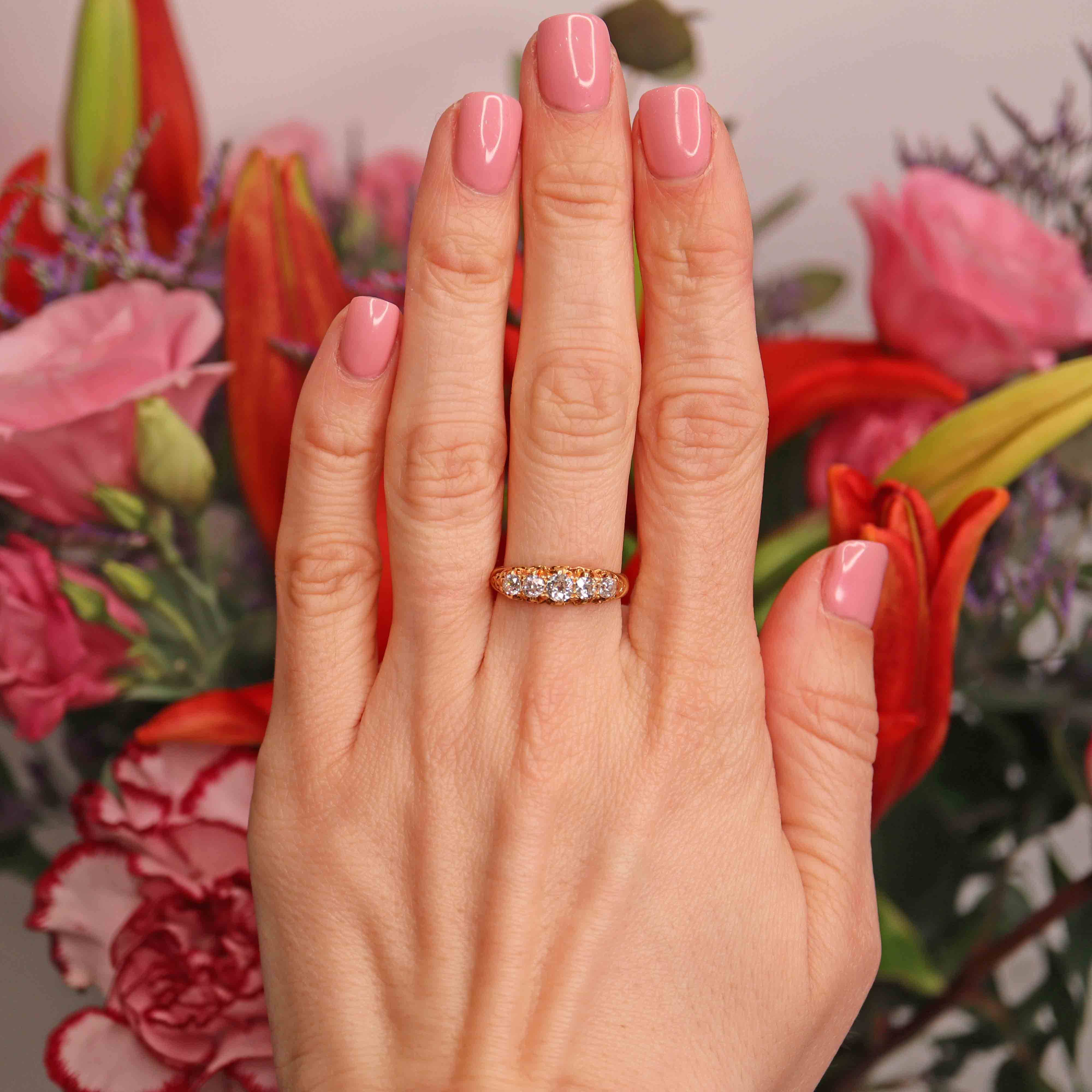 Ellibelle Jewellery Victorian Old Mine Cut Diamond 18ct Gold Five Stone Ring (0.60cts)