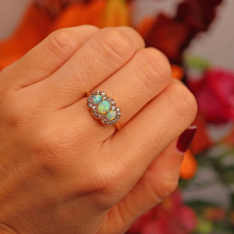 Ellibelle Jewellery Victorian Opal & Old-Cut Diamond 18ct Gold Triple Cluster Ring By Alabaster & Wilson