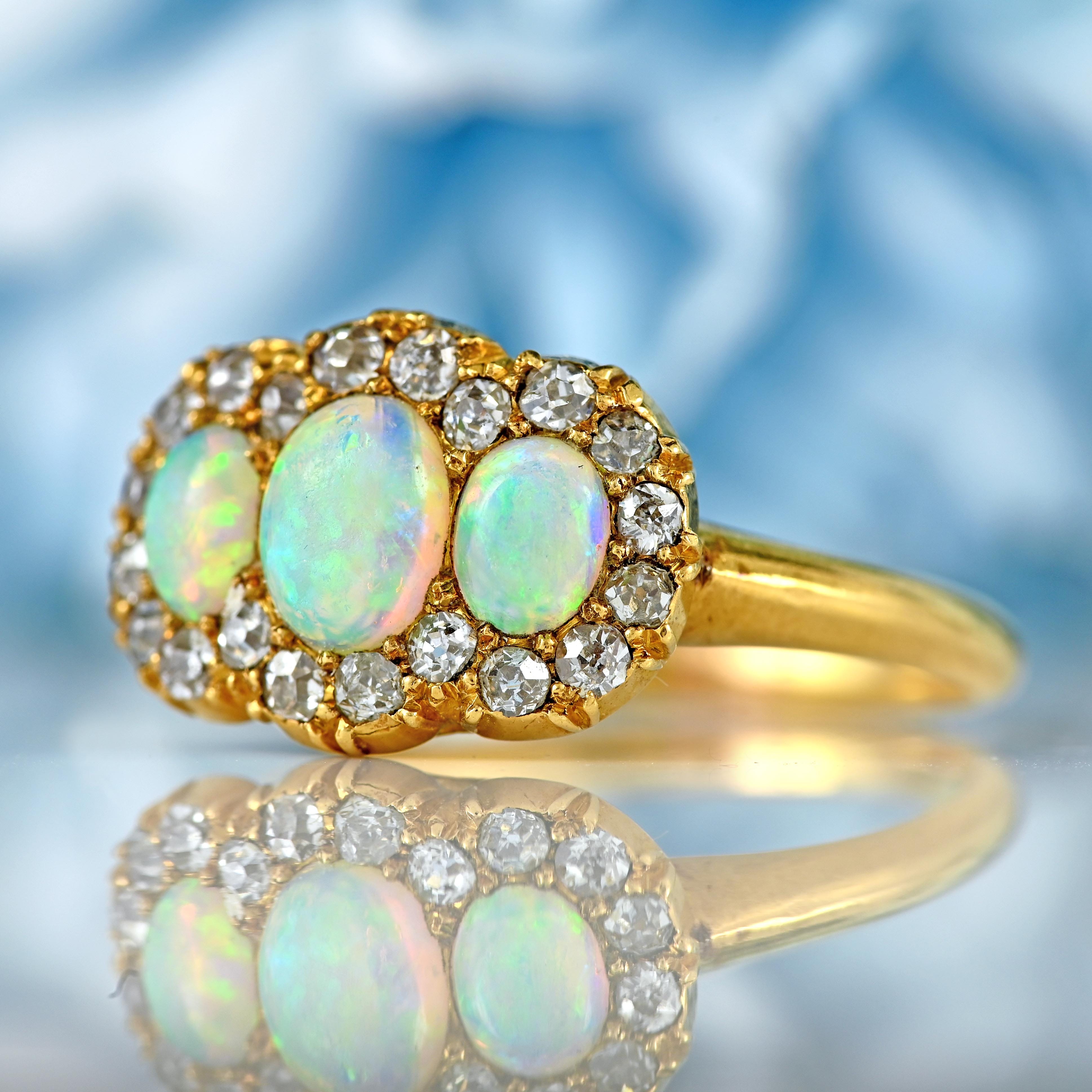 Ellibelle Jewellery Victorian Opal & Old-Cut Diamond 18ct Gold Triple Cluster Ring By Alabaster & Wilson