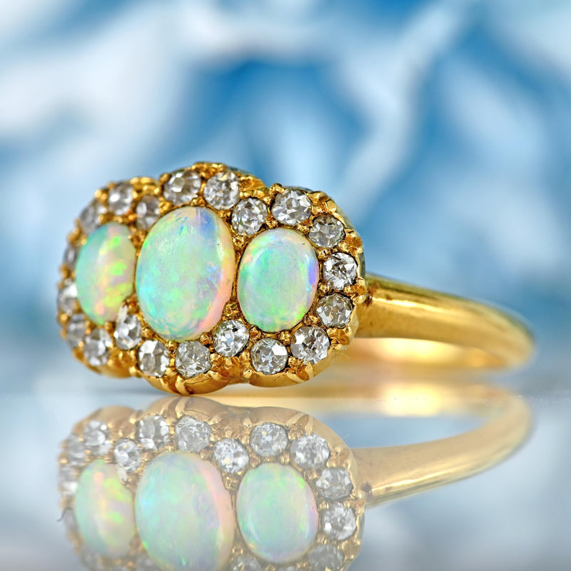 Ellibelle Jewellery Victorian Opal & Old-Cut Diamond 18ct Gold Triple Cluster Ring By Alabaster & Wilson