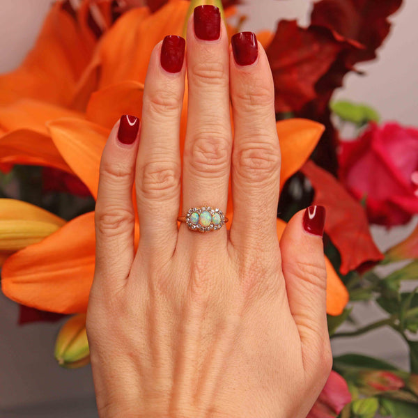 Ellibelle Jewellery Victorian Opal & Old-Cut Diamond 18ct Gold Triple Cluster Ring By Alabaster & Wilson