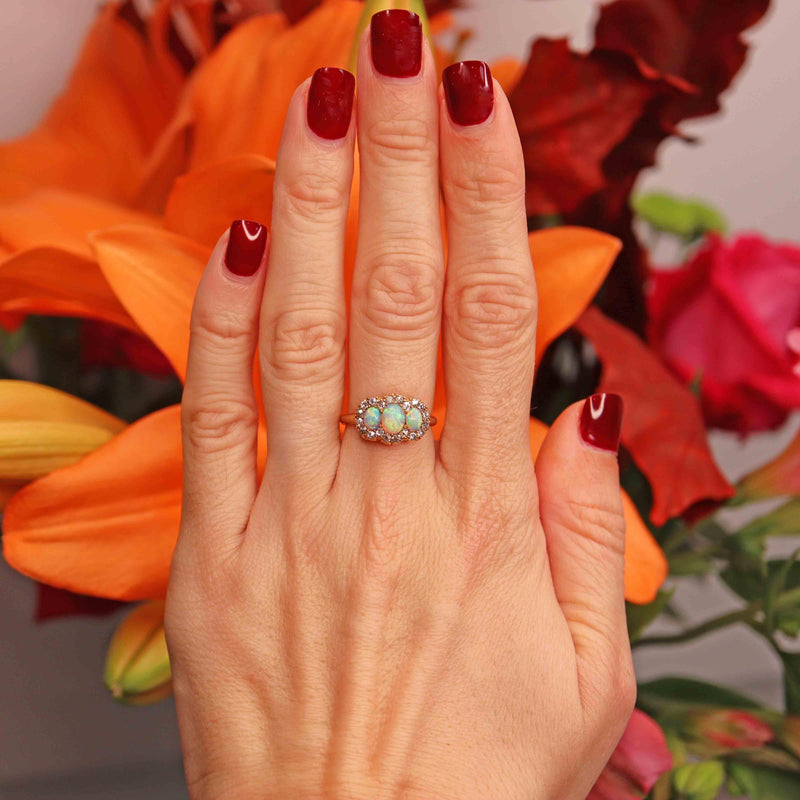 Ellibelle Jewellery Victorian Opal & Old-Cut Diamond 18ct Gold Triple Cluster Ring By Alabaster & Wilson