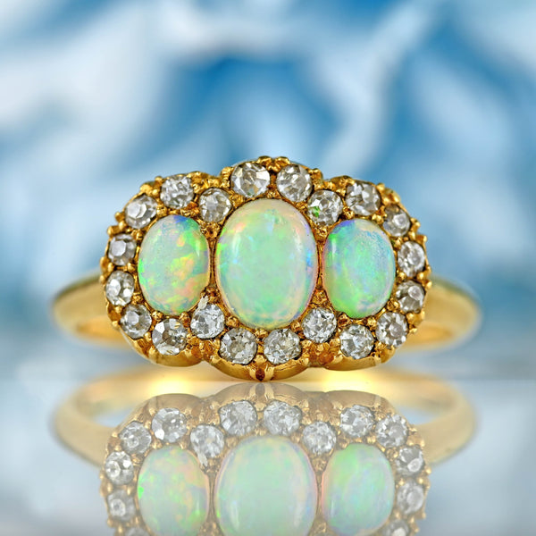 Ellibelle Jewellery Victorian Opal & Old-Cut Diamond 18ct Gold Triple Cluster Ring By Alabaster & Wilson
