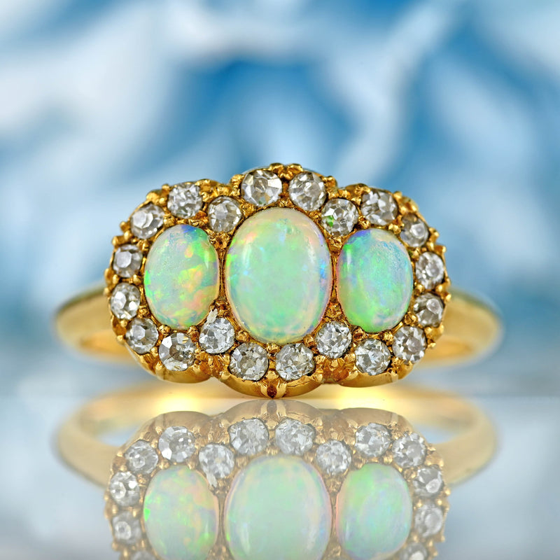Ellibelle Jewellery Victorian Opal & Old-Cut Diamond 18ct Gold Triple Cluster Ring By Alabaster & Wilson