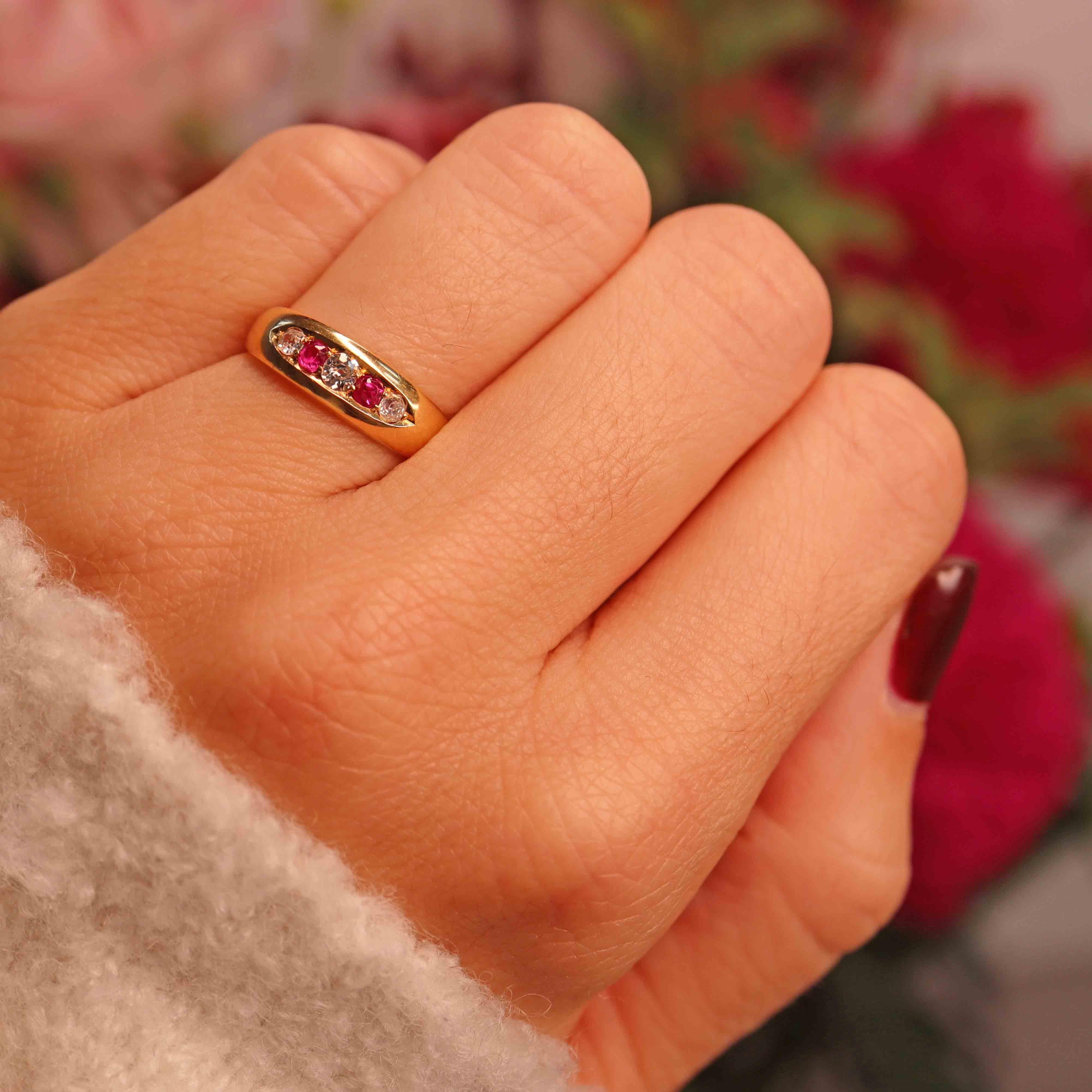 Ellibelle Jewellery Victorian Ruby & Diamond 18ct Gold Band Ring