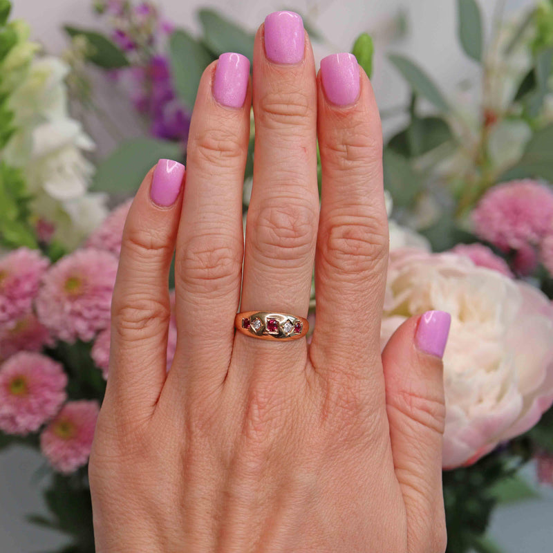 Ellibelle Jewellery Victorian Ruby & Diamond 18ct Gold Five-Stone Gypsy Ring