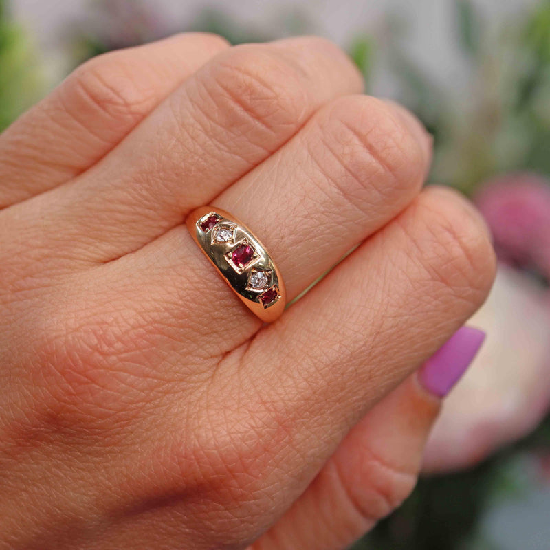 Ellibelle Jewellery Victorian Ruby & Diamond 18ct Gold Five-Stone Gypsy Ring
