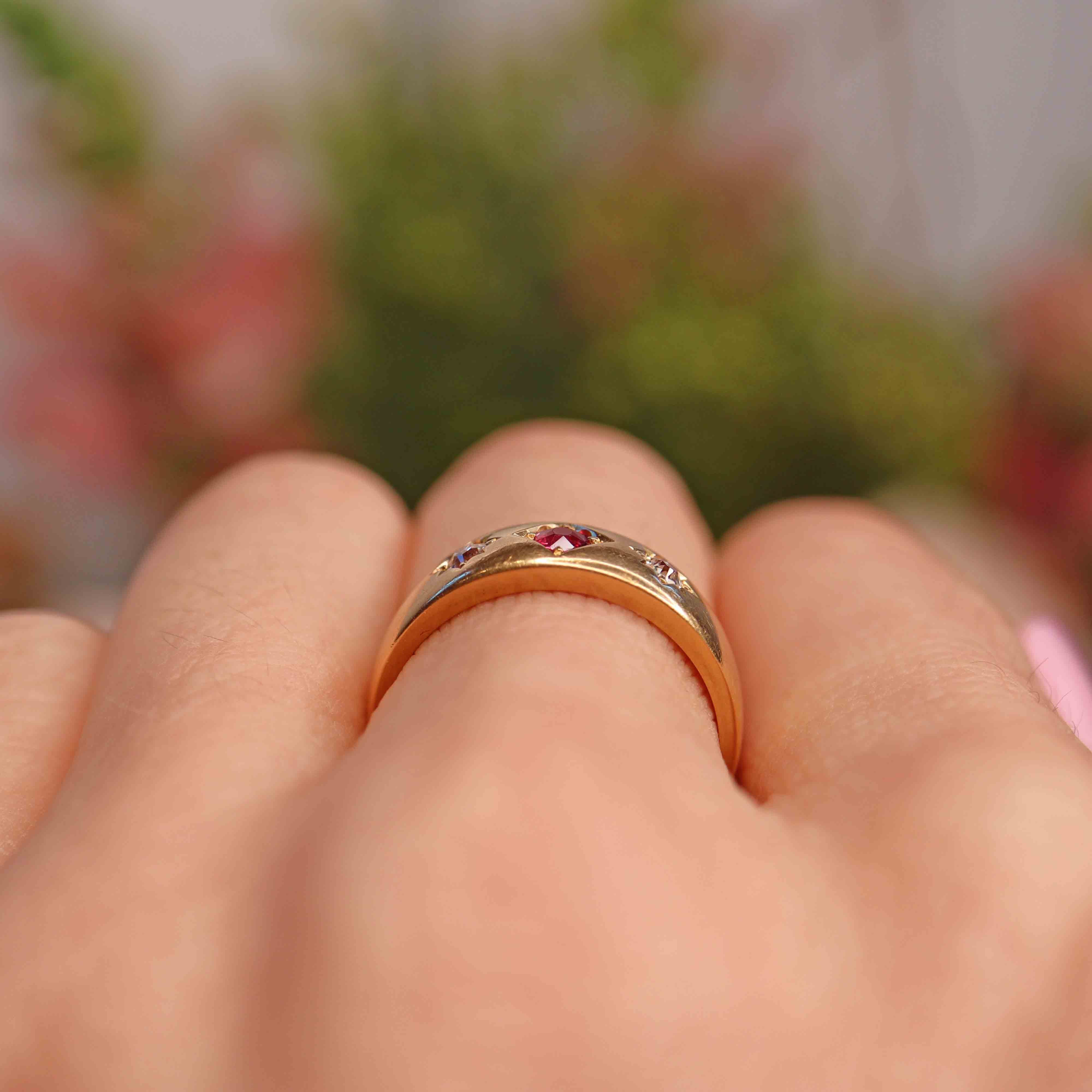 Ellibelle Jewellery Victorian Ruby & Diamond 18ct Gold Gypsy Ring - London 1891