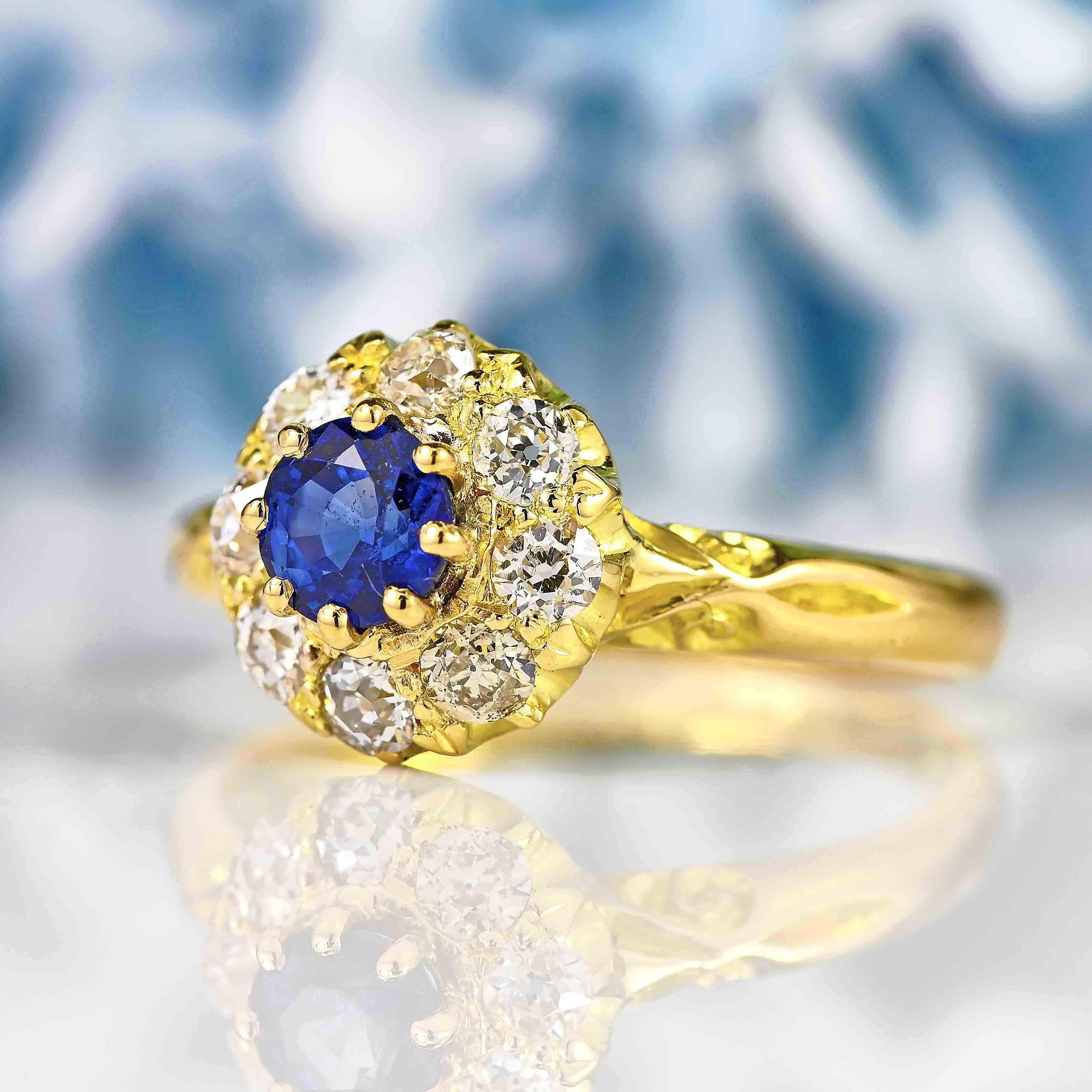 Ellibelle Jewellery Victorian Sapphire & Diamond 18ct Gold Cluster Ring