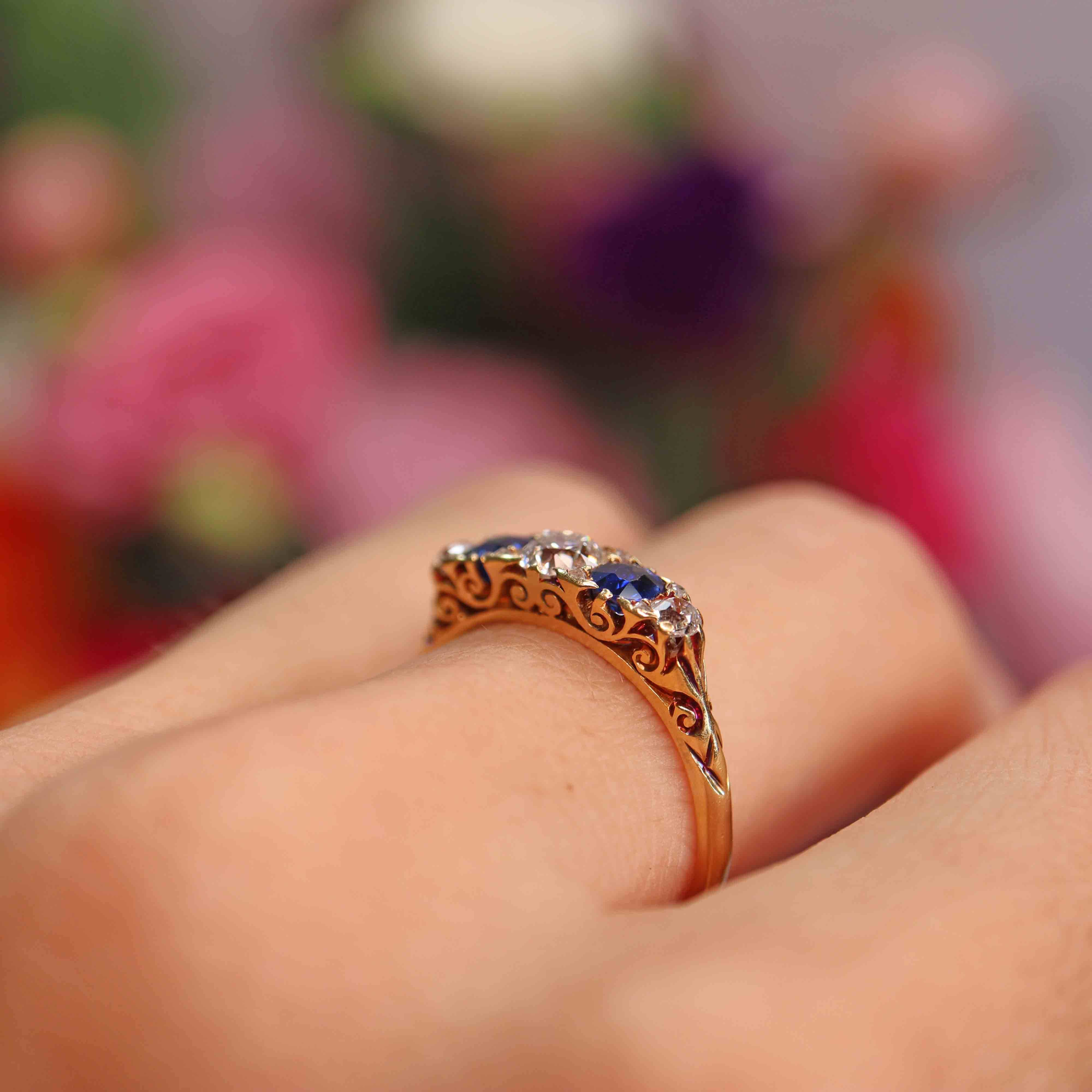 Ellibelle Jewellery Victorian Sapphire & Diamond 18ct Gold Five-Stone Carved Half Hoop Ring