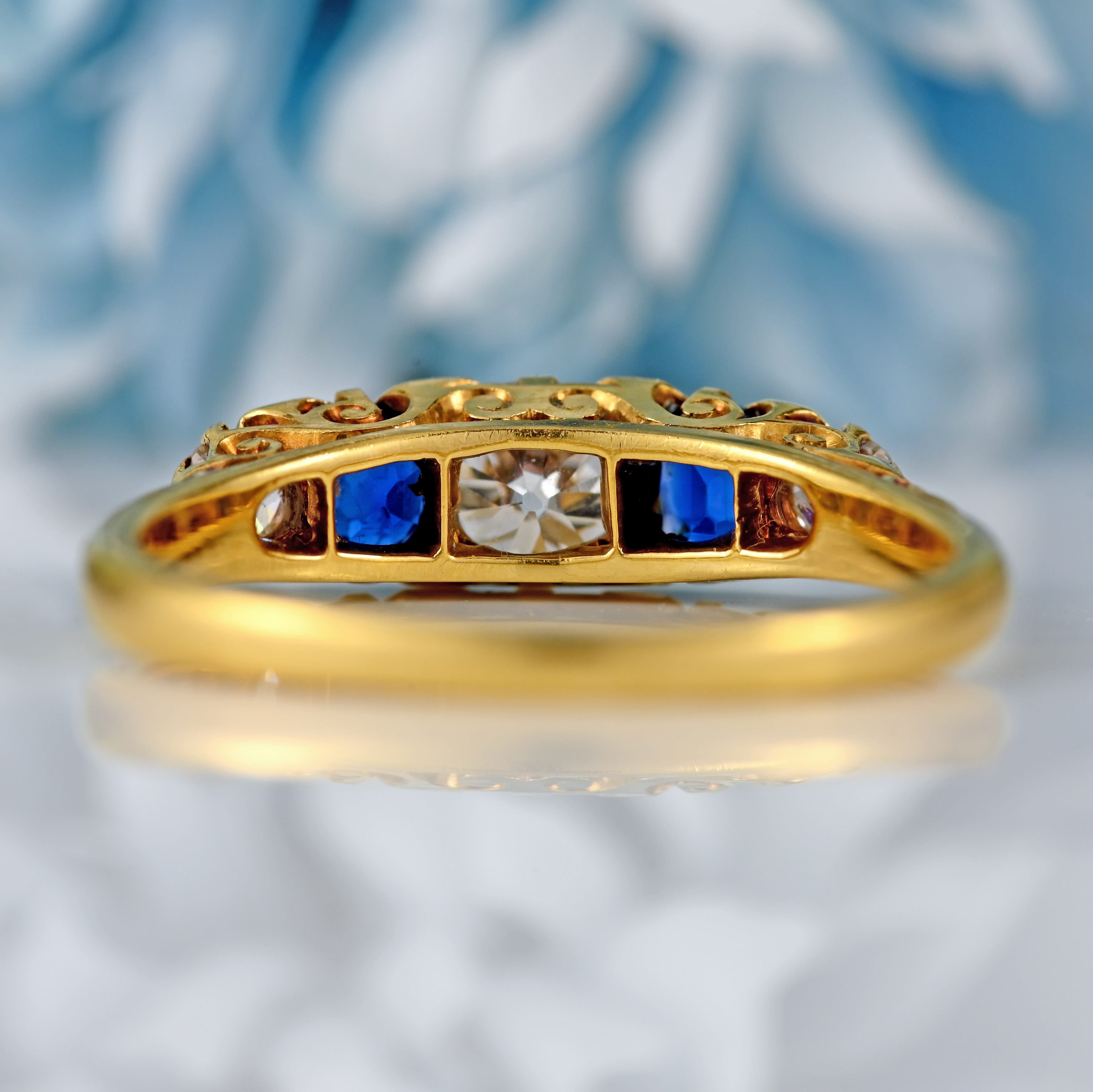 Ellibelle Jewellery Victorian Sapphire & Diamond 18ct Gold Five-Stone Carved Half Hoop Ring