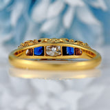 Ellibelle Jewellery Victorian Sapphire & Diamond 18ct Gold Five-Stone Carved Half Hoop Ring