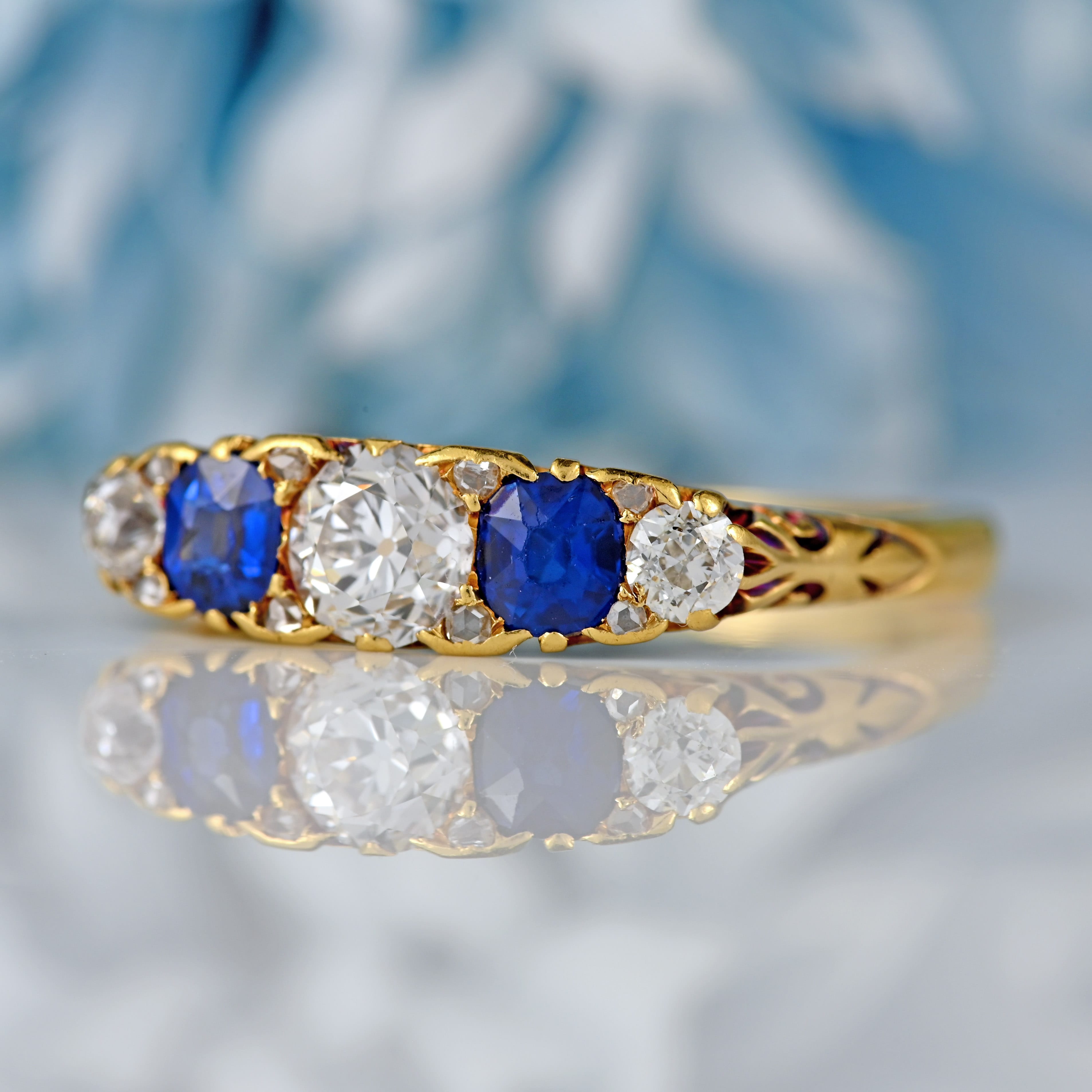 Ellibelle Jewellery Victorian Sapphire & Diamond 18ct Gold Five-Stone Carved Half Hoop Ring