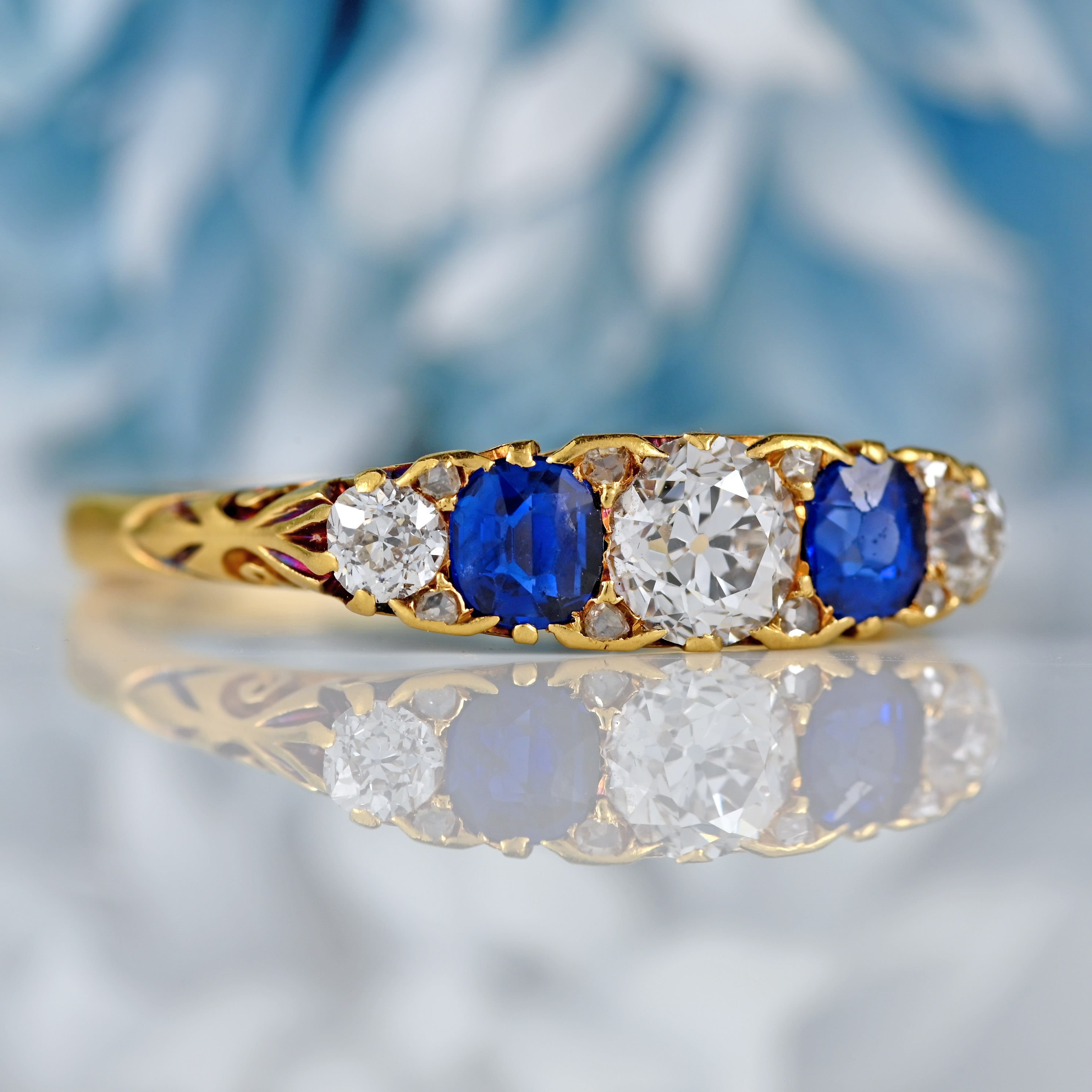 Ellibelle Jewellery Victorian Sapphire & Diamond 18ct Gold Five-Stone Carved Half Hoop Ring