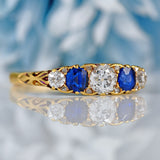 Ellibelle Jewellery Victorian Sapphire & Diamond 18ct Gold Five-Stone Carved Half Hoop Ring