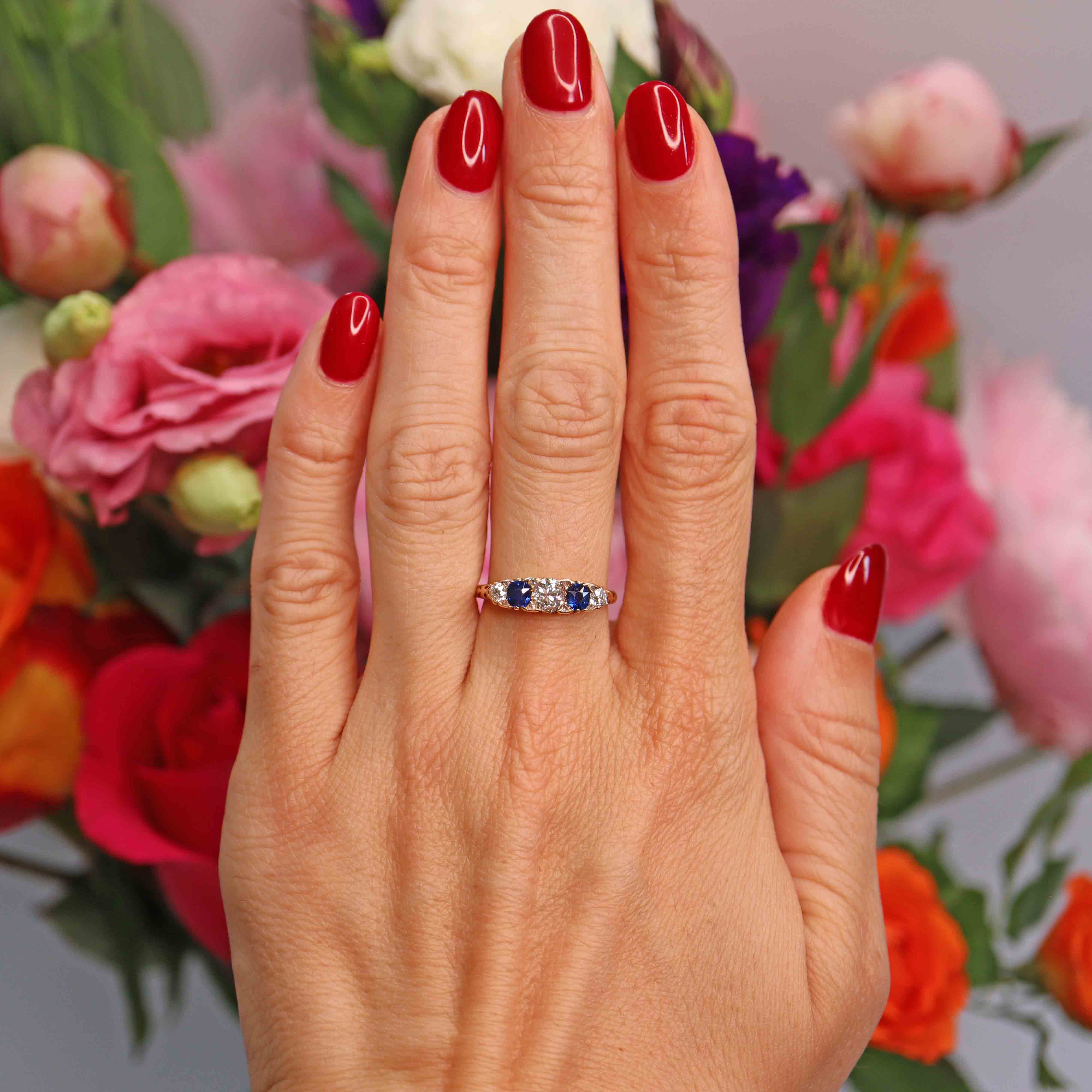 Ellibelle Jewellery Victorian Sapphire & Diamond 18ct Gold Five-Stone Carved Half Hoop Ring