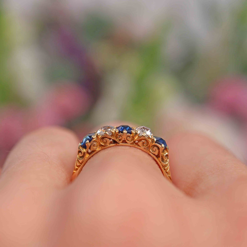 Ellibelle Jewellery Victorian Sapphire & Diamond 18ct Gold Five-Stone Ring