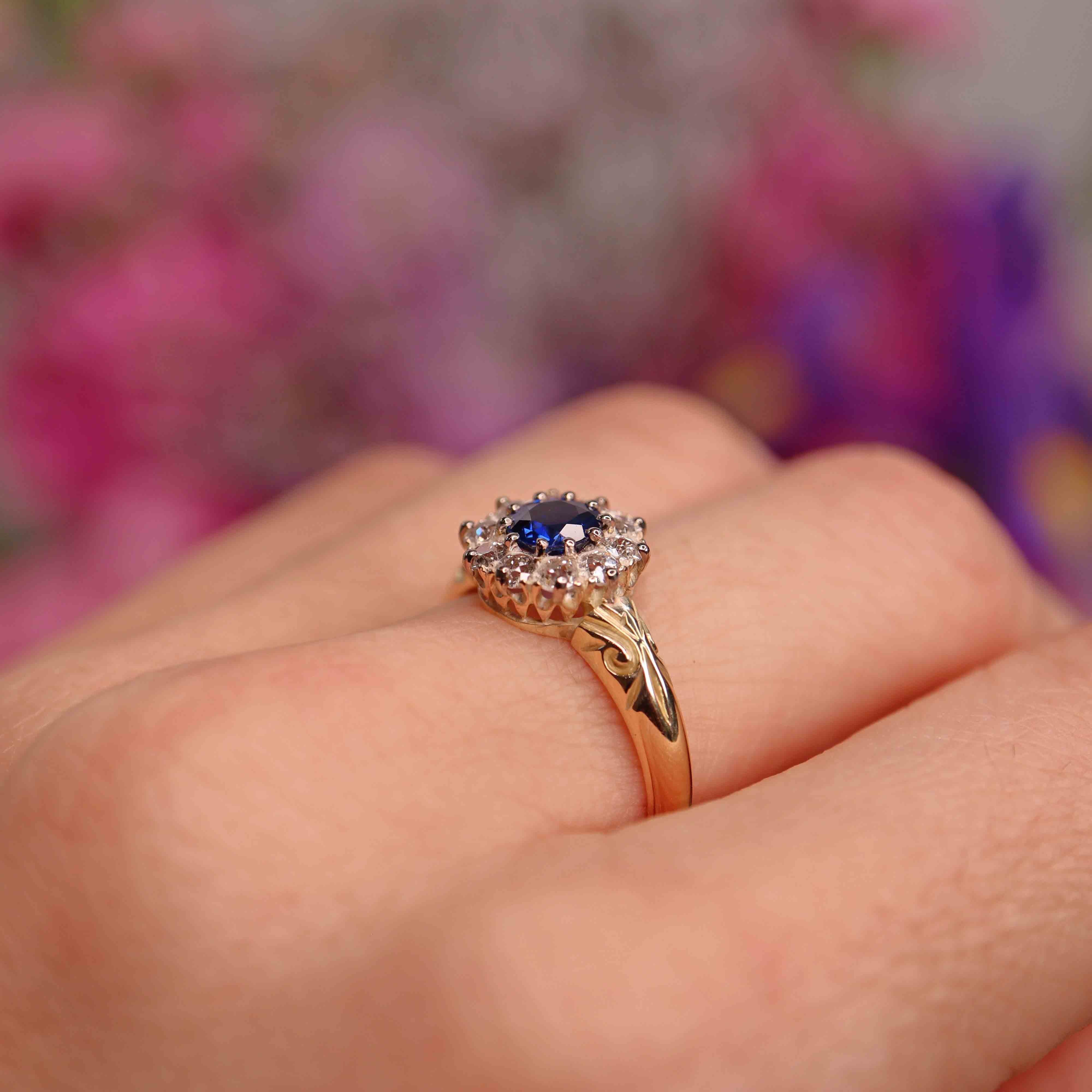 Ellibelle Jewellery Victorian Sapphire & Old-Mine-Cut Diamond 18ct Gold Cluster Engagement Ring