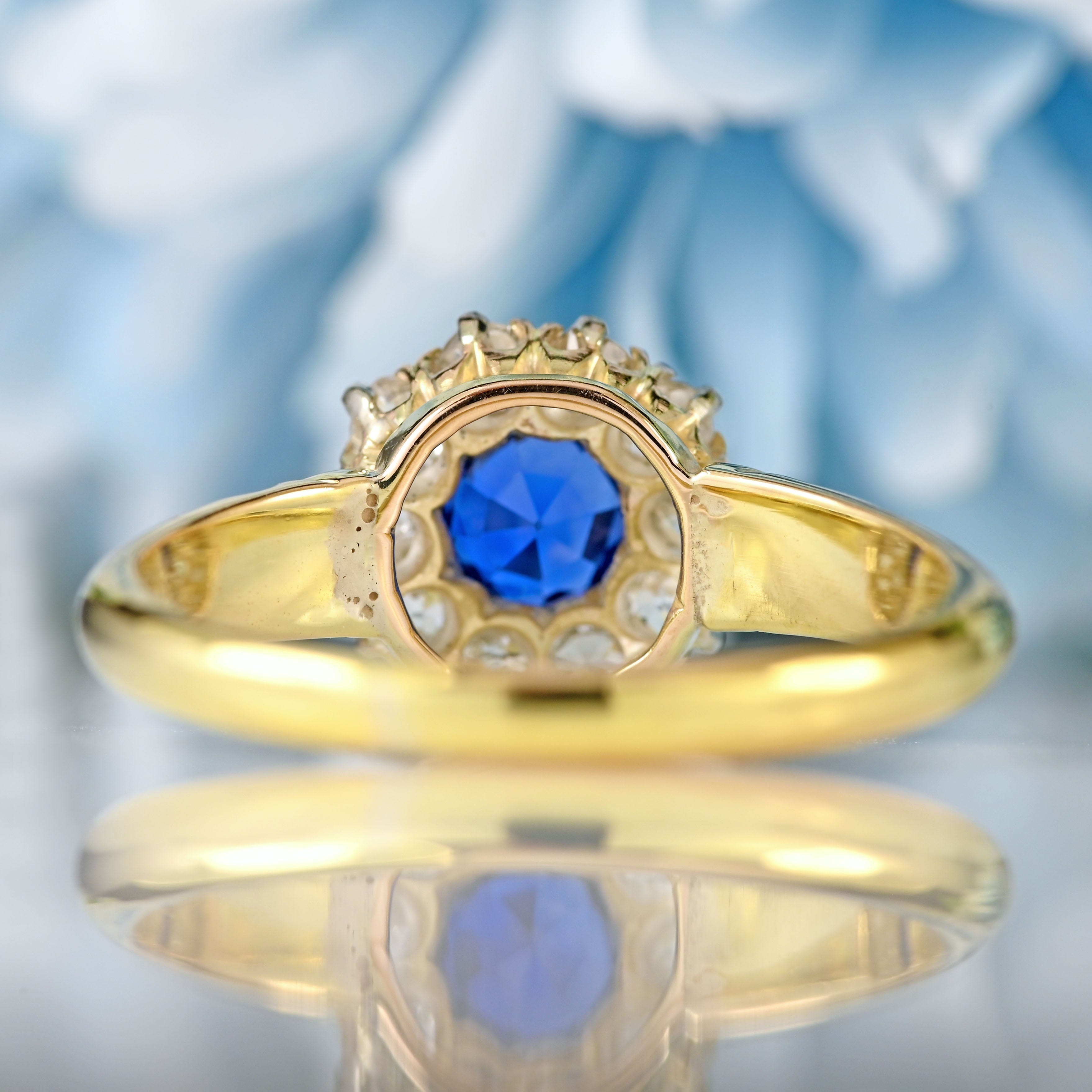 Ellibelle Jewellery Victorian Sapphire & Old-Mine-Cut Diamond 18ct Gold Cluster Engagement Ring