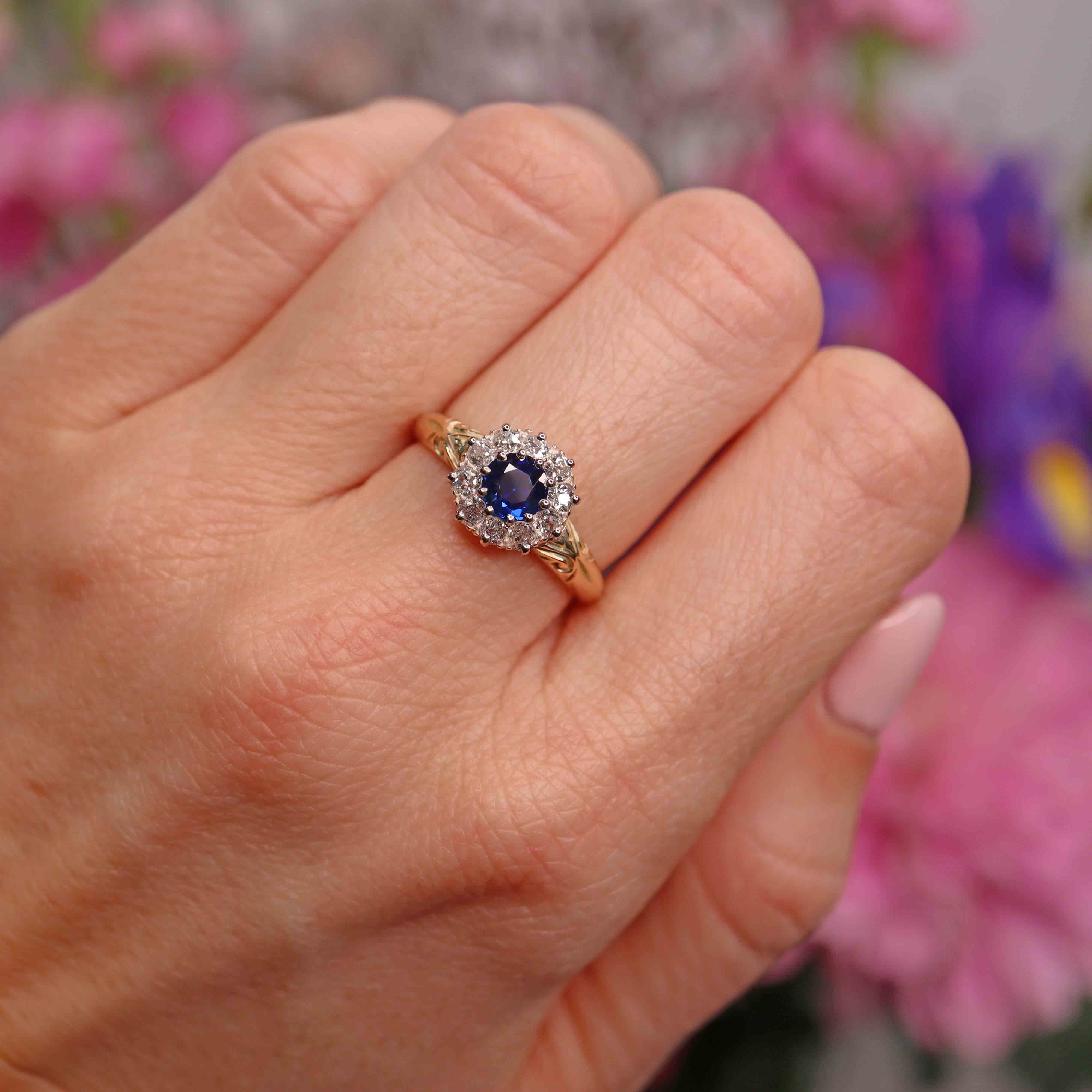 Ellibelle Jewellery Victorian Sapphire & Old-Mine-Cut Diamond 18ct Gold Cluster Engagement Ring
