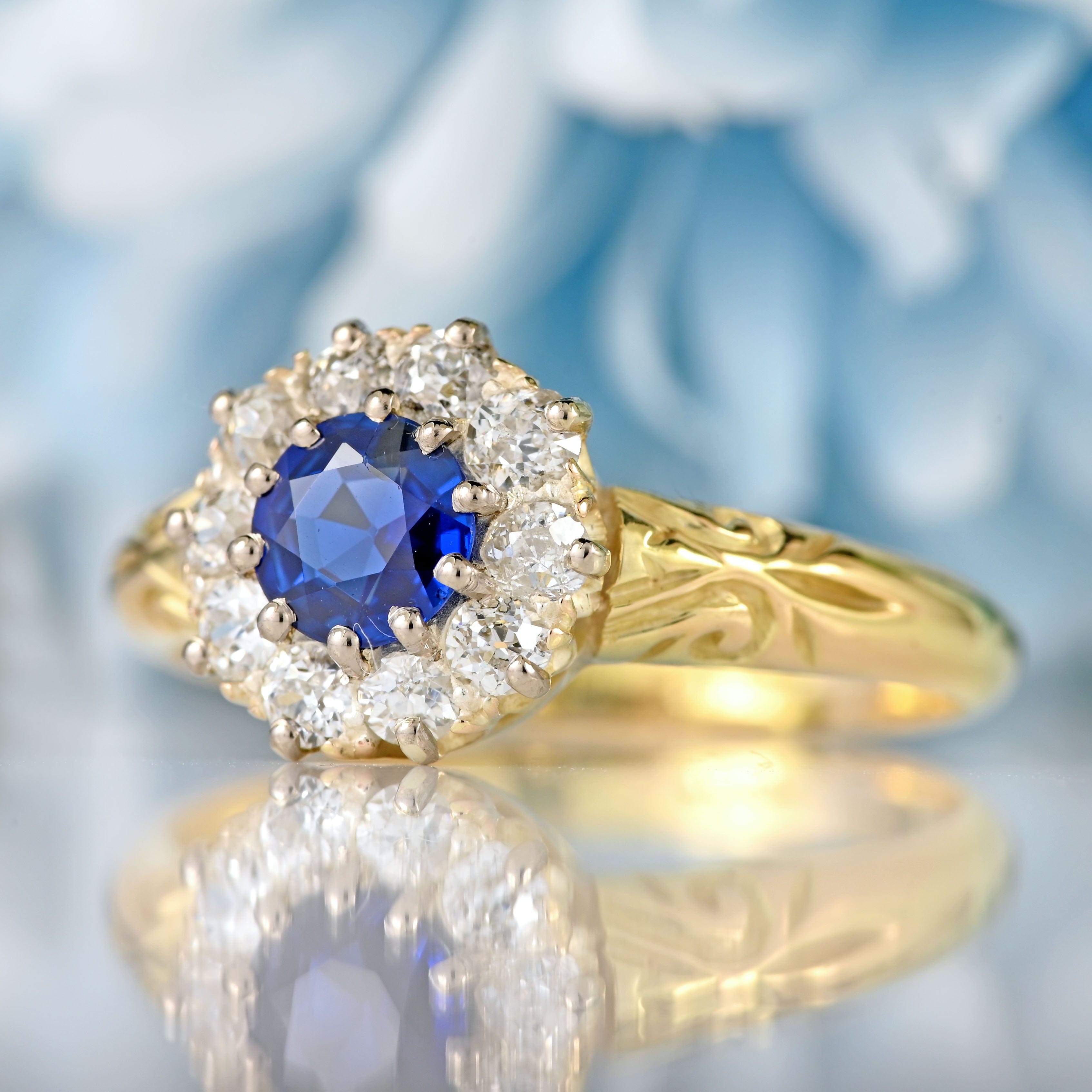 Ellibelle Jewellery Victorian Sapphire & Old-Mine-Cut Diamond 18ct Gold Cluster Engagement Ring