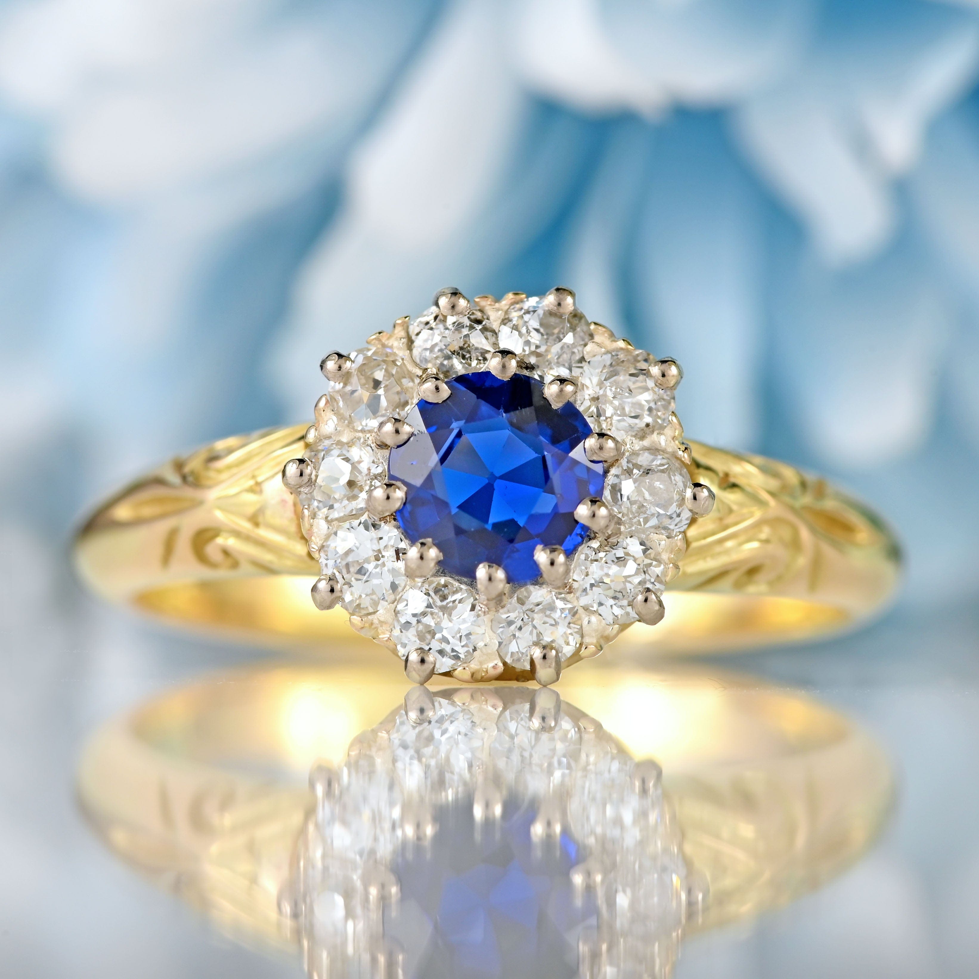 Ellibelle Jewellery Victorian Sapphire & Old-Mine-Cut Diamond 18ct Gold Cluster Engagement Ring
