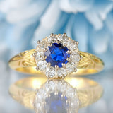 Ellibelle Jewellery Victorian Sapphire & Old-Mine-Cut Diamond 18ct Gold Cluster Engagement Ring