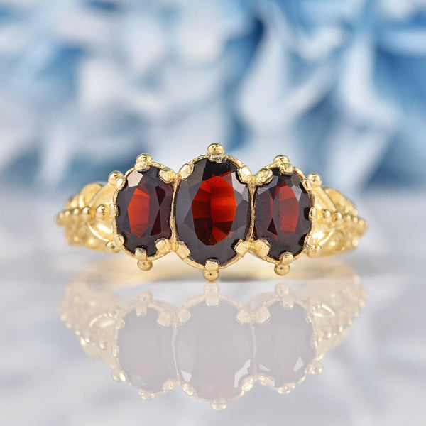 Ellibelle Jewellery Victorian Style Garnet 9ct Gold Three-Stone Ring