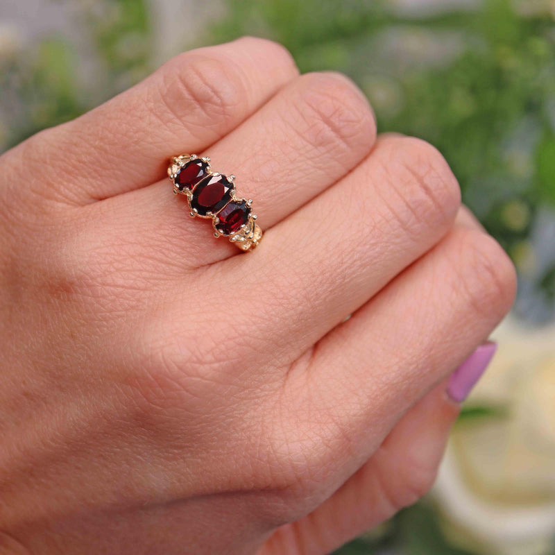 Ellibelle Jewellery Victorian Style Garnet 9ct Gold Three-Stone Ring