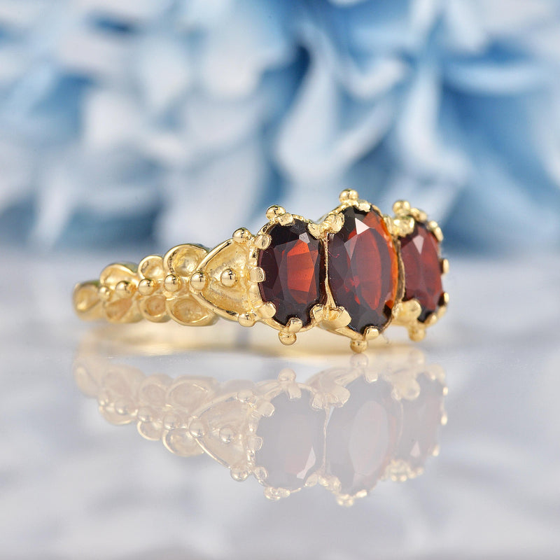 Ellibelle Jewellery Victorian Style Garnet 9ct Gold Three-Stone Ring