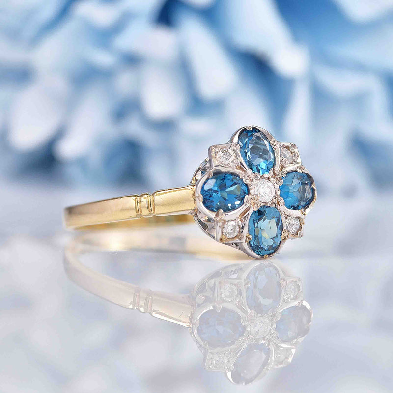 Ellibelle Jewellery Victorian Style London Topaz & Diamond 9ct Gold Clover Ring