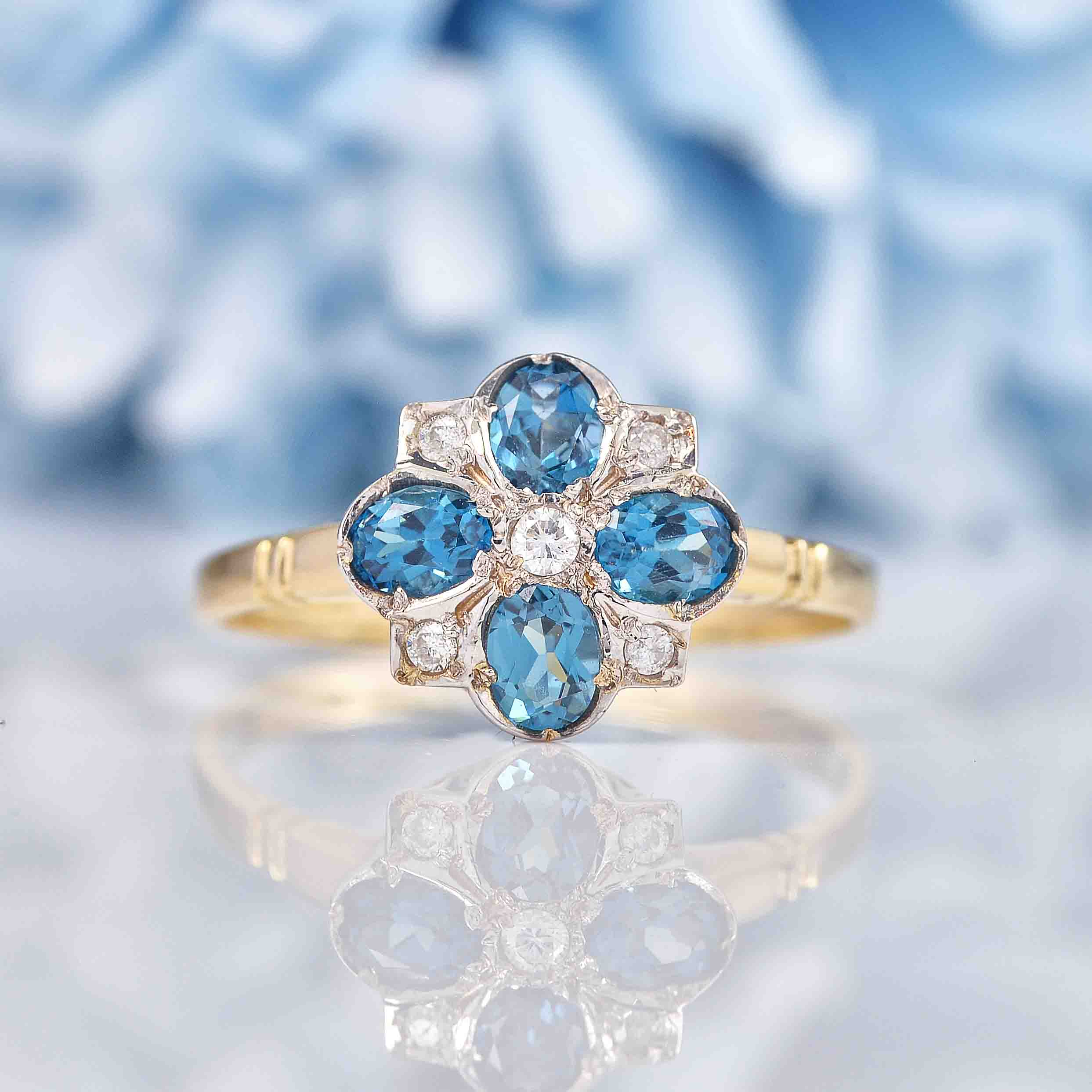 Ellibelle Jewellery Victorian Style London Topaz & Diamond 9ct Gold Clover Ring