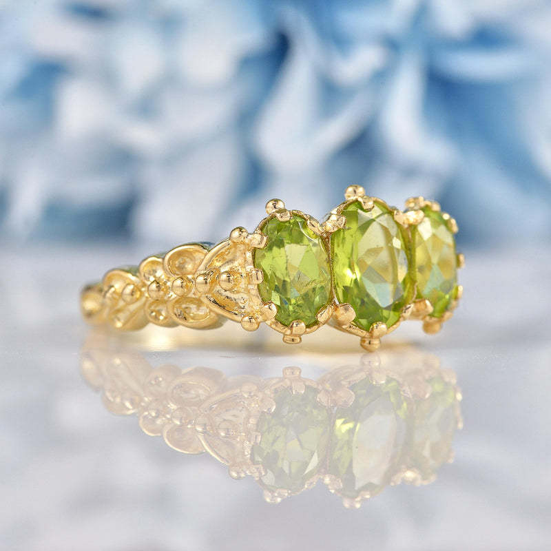 Ellibelle Jewellery Victorian Style Peridot 9ct Gold Three-Stone Ring