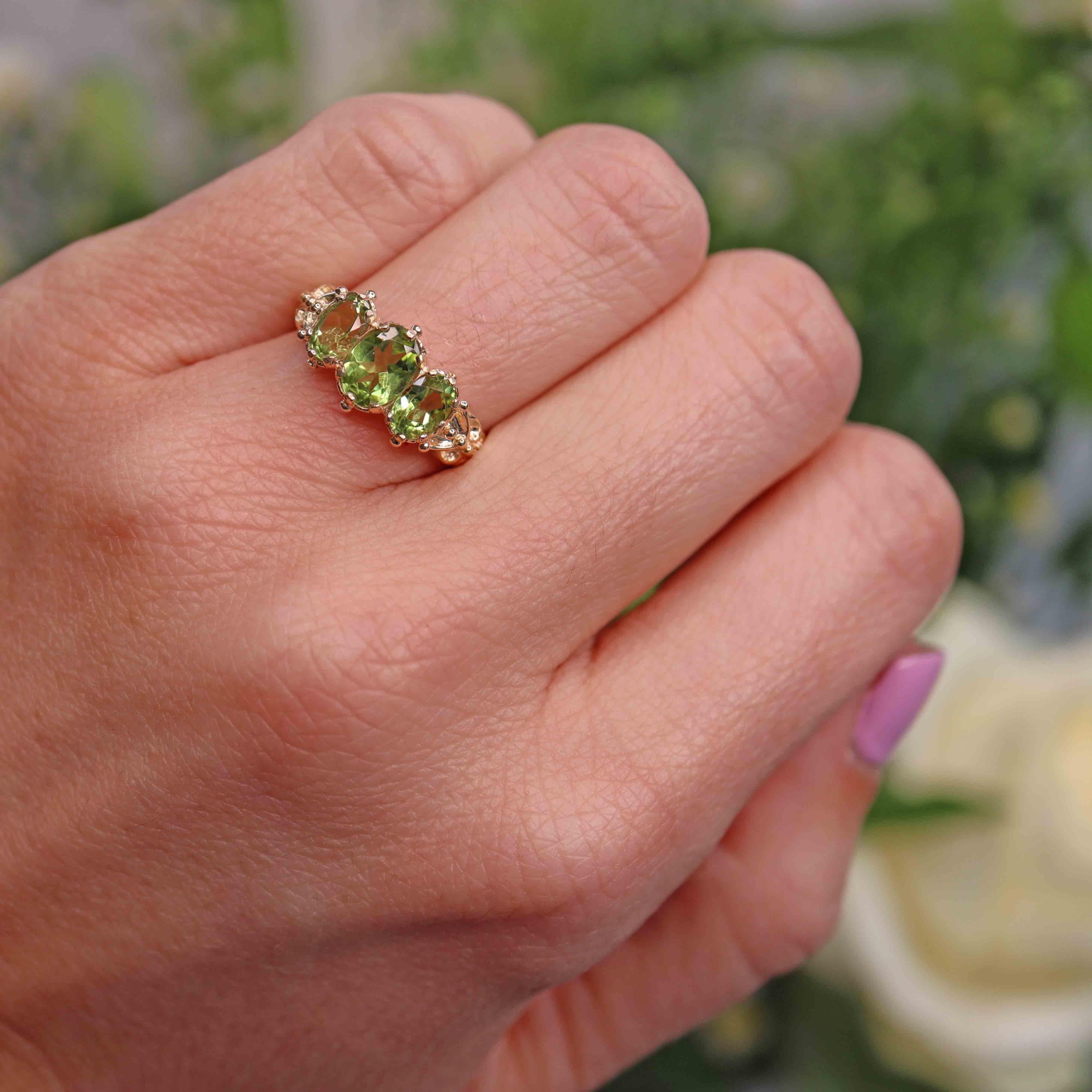 Ellibelle Jewellery Victorian Style Peridot 9ct Gold Three-Stone Ring