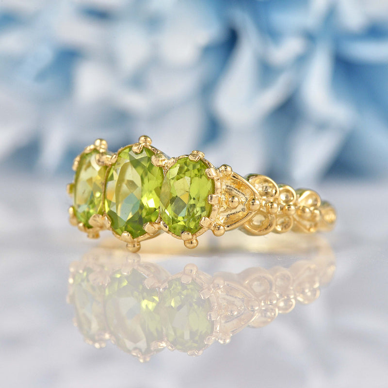 Ellibelle Jewellery Victorian Style Peridot 9ct Gold Three-Stone Ring