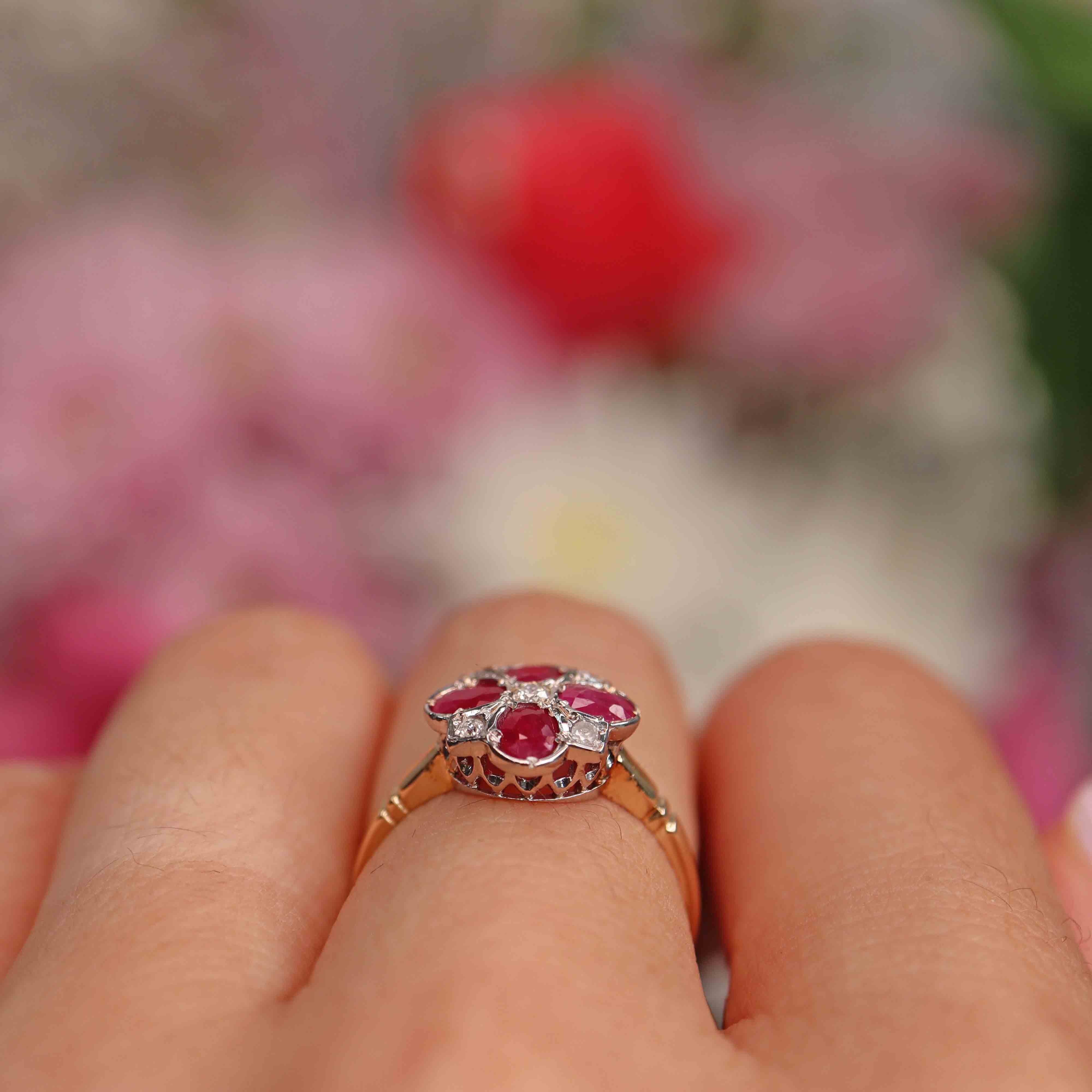 Ellibelle Jewellery Victorian Style Ruby & Diamond 9ct Gold Clover Ring