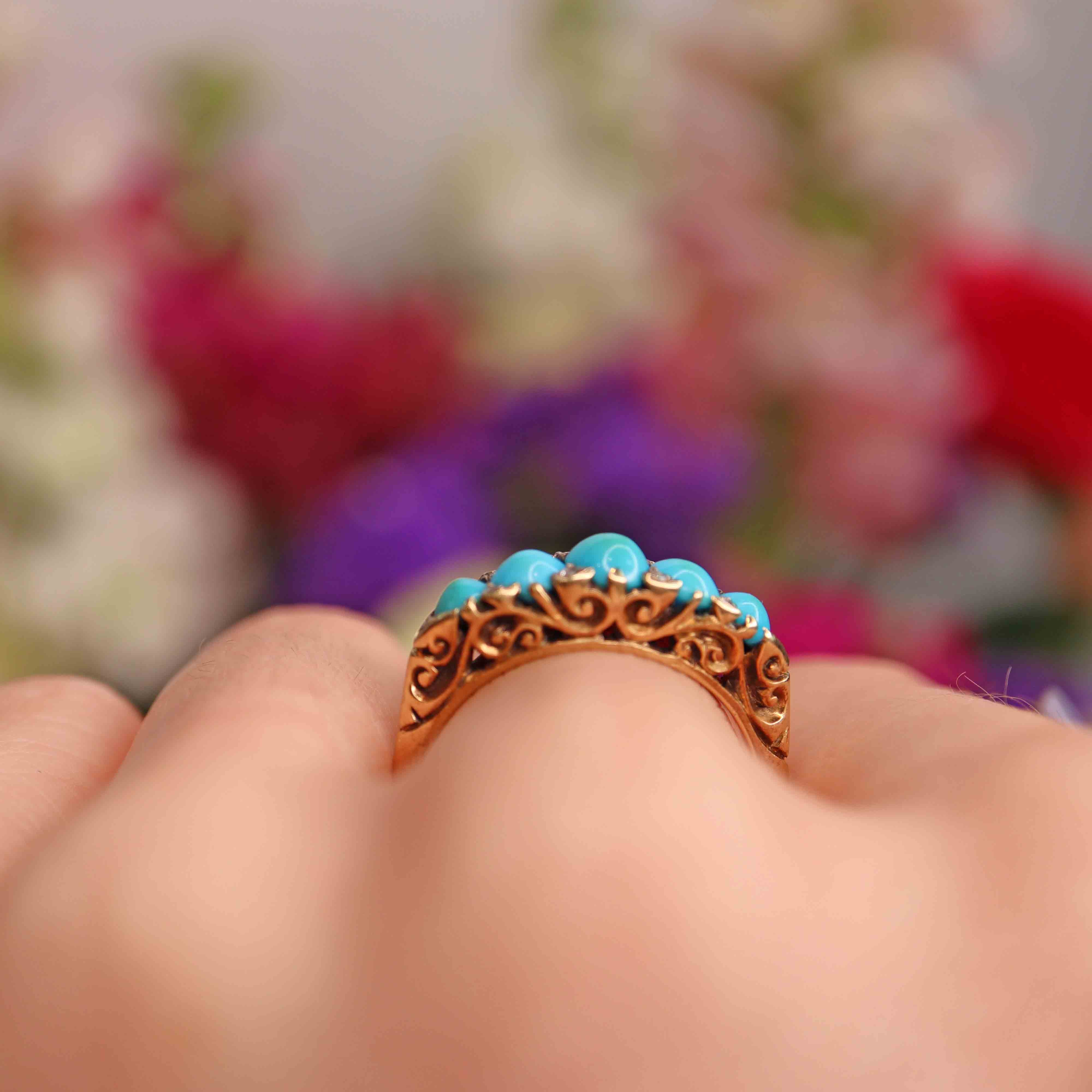 Ellibelle Jewellery Victorian Turquoise & Diamond Gold Carved Half Hoop Five Stone Ring