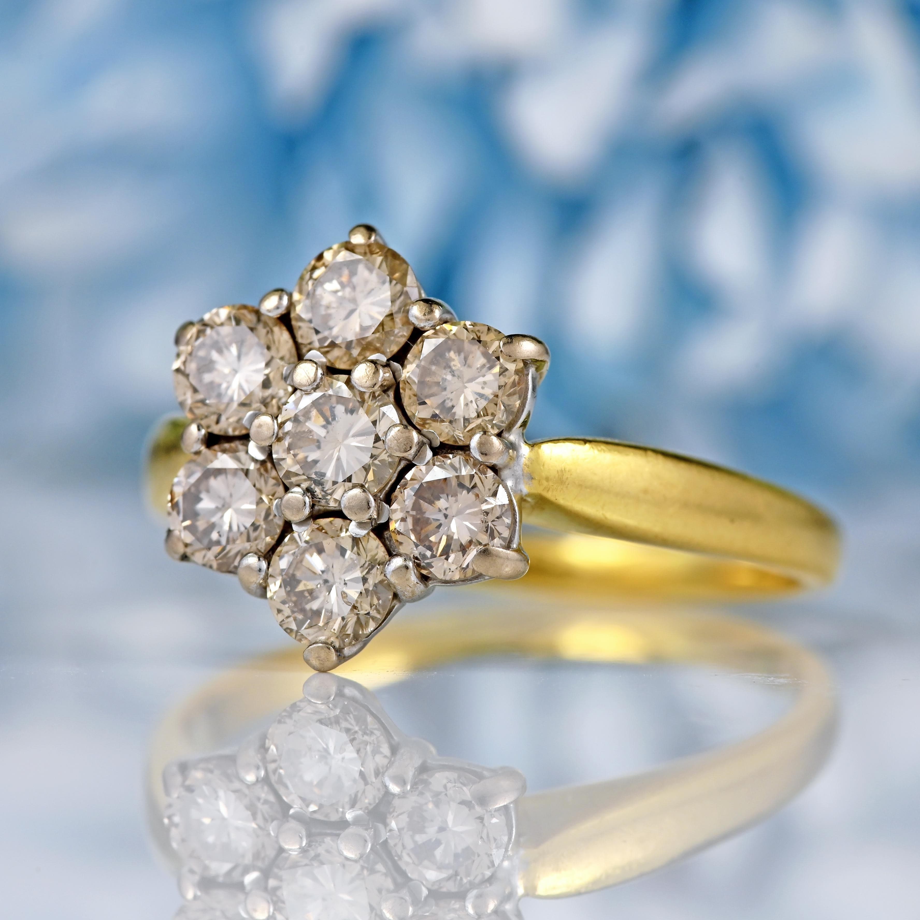 Ellibelle Jewellery Vintage 18ct Gold Tinted Diamond Daisy Cluster Ring (1.46ct)