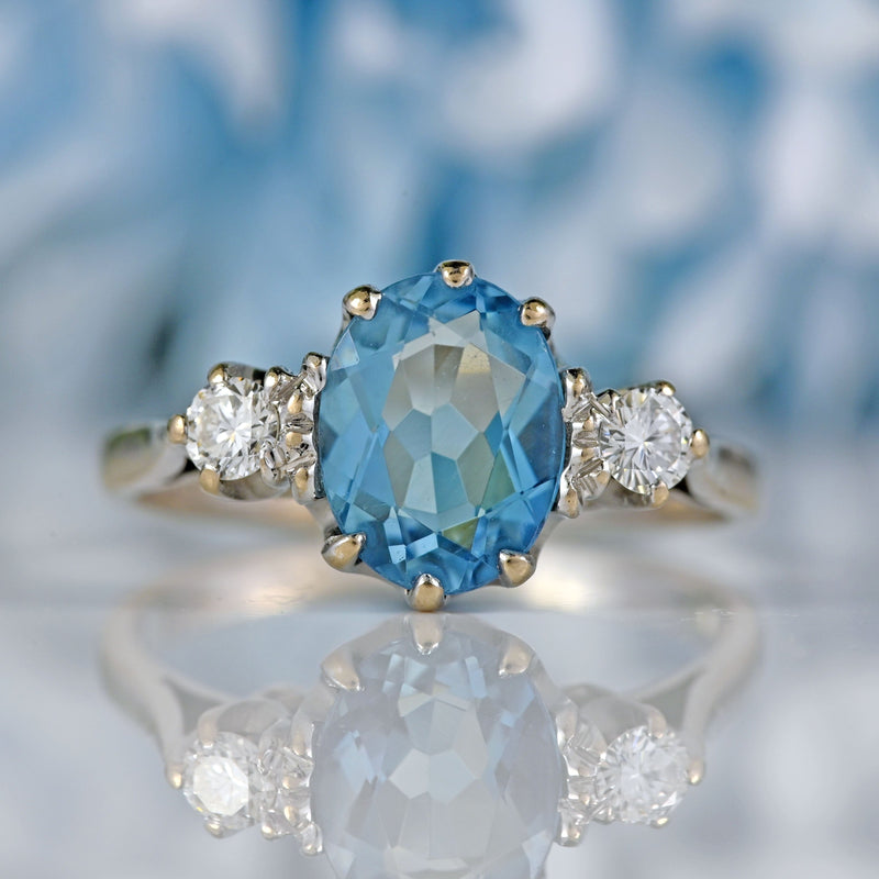 Ellibelle Jewellery Vintage 18ct White Gold Aquamarine & Diamond Three-Stone Engagement Ring